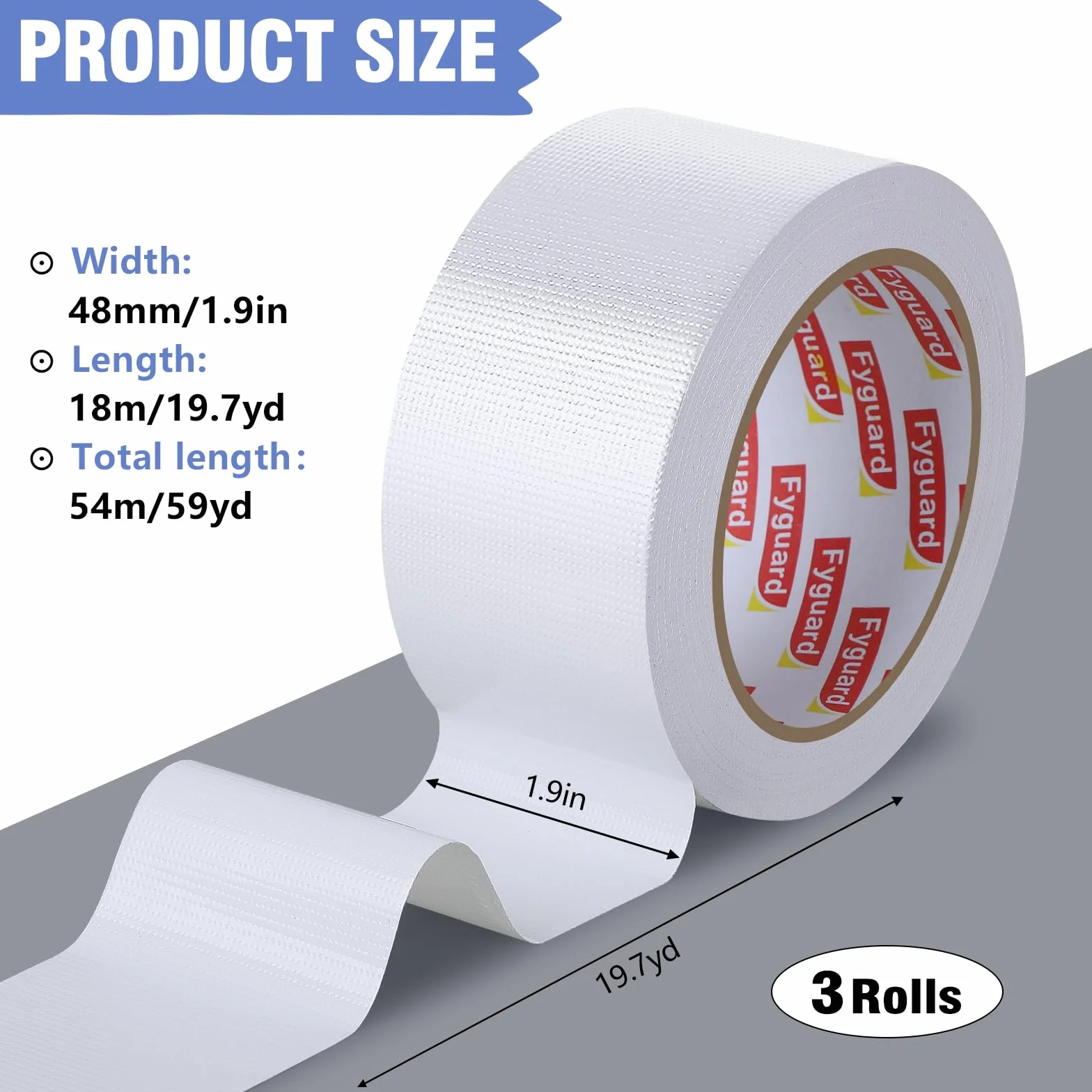 3 rolki taśmy pancernej w kolorze białym, 48 mm x 54 m, 210 μ, wodoszczelna taśma z tkaniny, biała, uniwersalna do napraw, mocowania, wiązania, wewnątrz i na zewnątrz (18 m/rolka) | 210μ, możliwość oderwania ręcznego, silna przyczepność, wewnątrz/na zewną