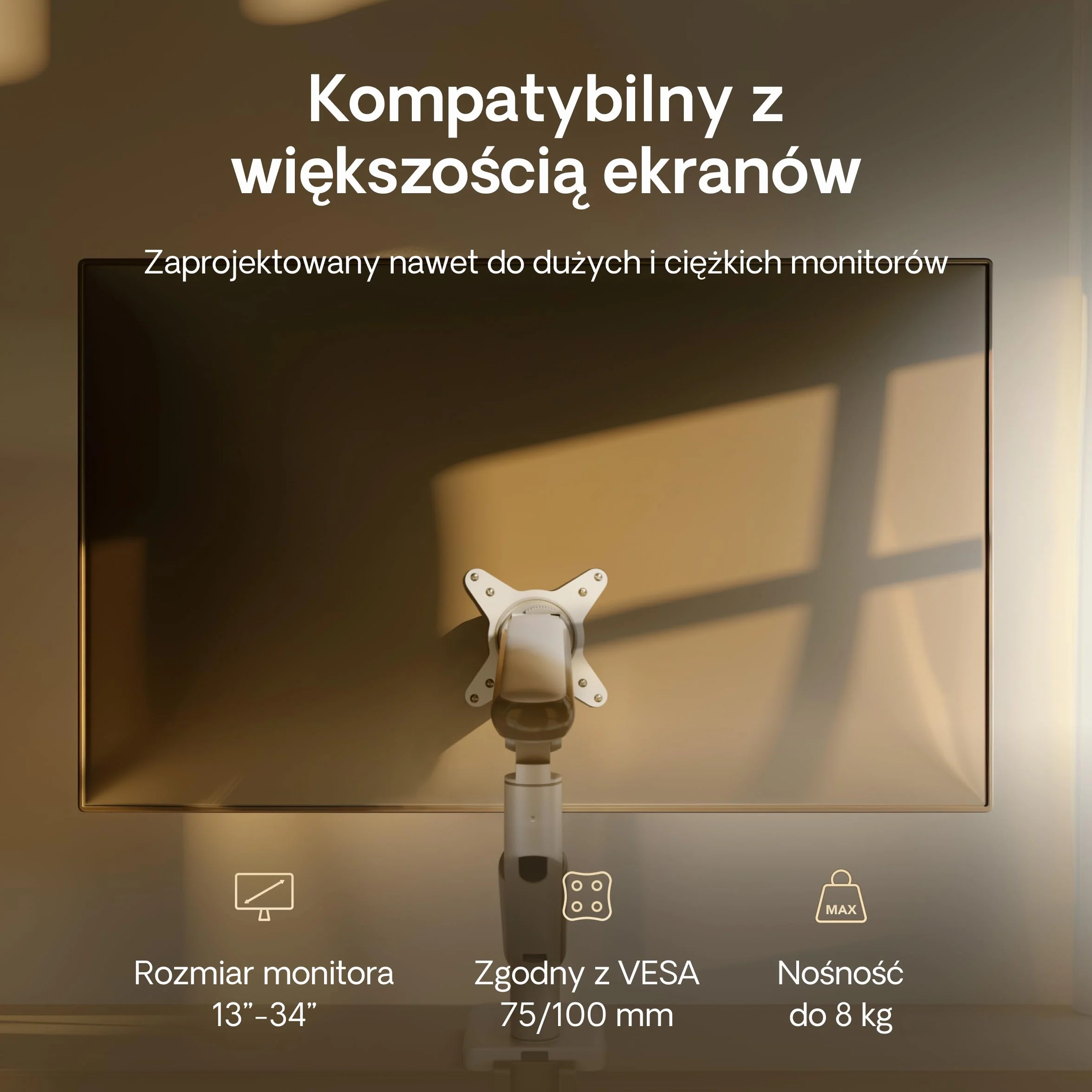 Desktronic Pojedynczy stojak na monitor, regulowane ramię monitora, uchwyt biurkowy, obrót o 360° i pełne nachylenie ruchu, ergonomiczny, VESA 75/100 mm, biały