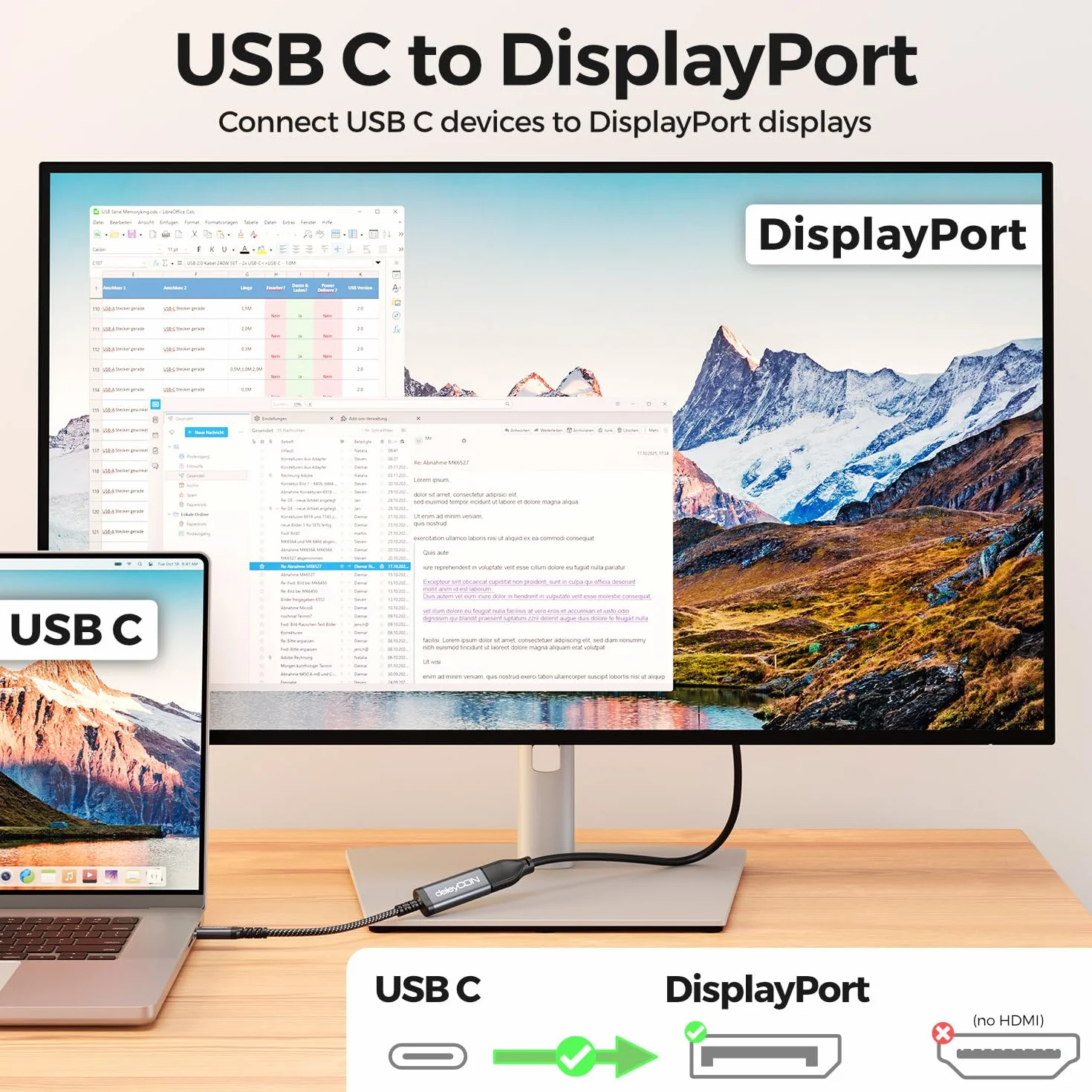 deleyCON Adapter Kabel USB‑C na DisplayPort (4K@60Hz, 2K@165Hz) - do Monitorów DisplayPort - MST, Kompatybilny z Thunderbolt 3/4, iPhone 17/16/15, Notebookami, MacBook, iPad Pro/Air, Galaxy S25/S24