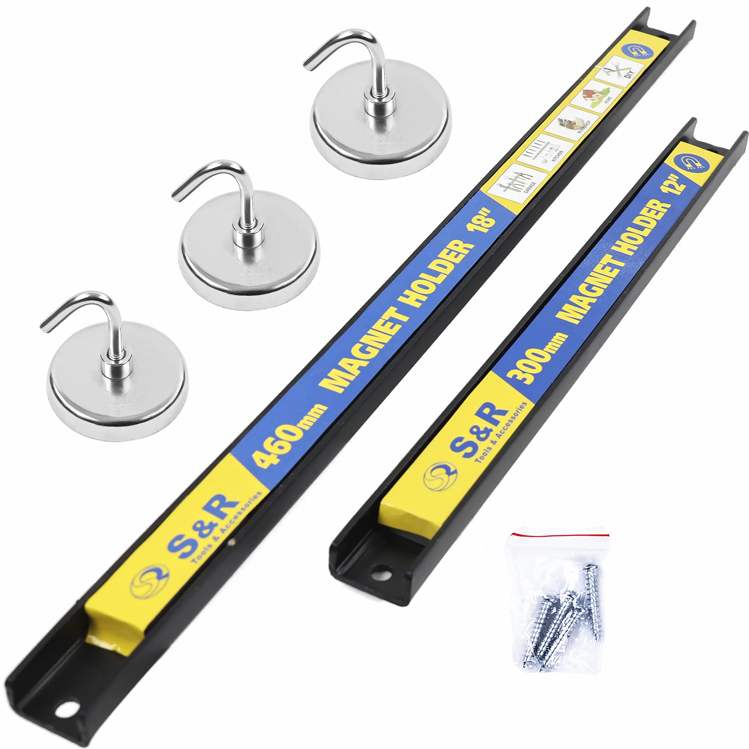 S&R Zestaw 5 magnetycznych listew narzędziowych z haczykami magnetycznymi, uchwyt na narzędzia, zestaw listew magnetycznych, idealne do warsztatu, garażu, kuchni, ogrodu, laboratorium, biura