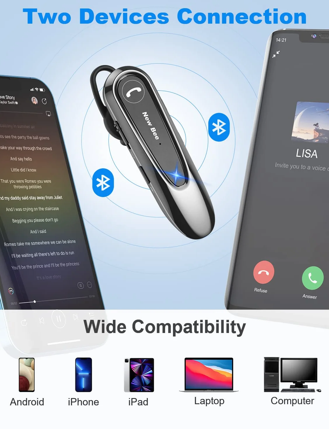 New Bee Bluetooth Headset V5.0 z podwójnym mikrofonem 25-godzinny czas rozmów głośnomówiący