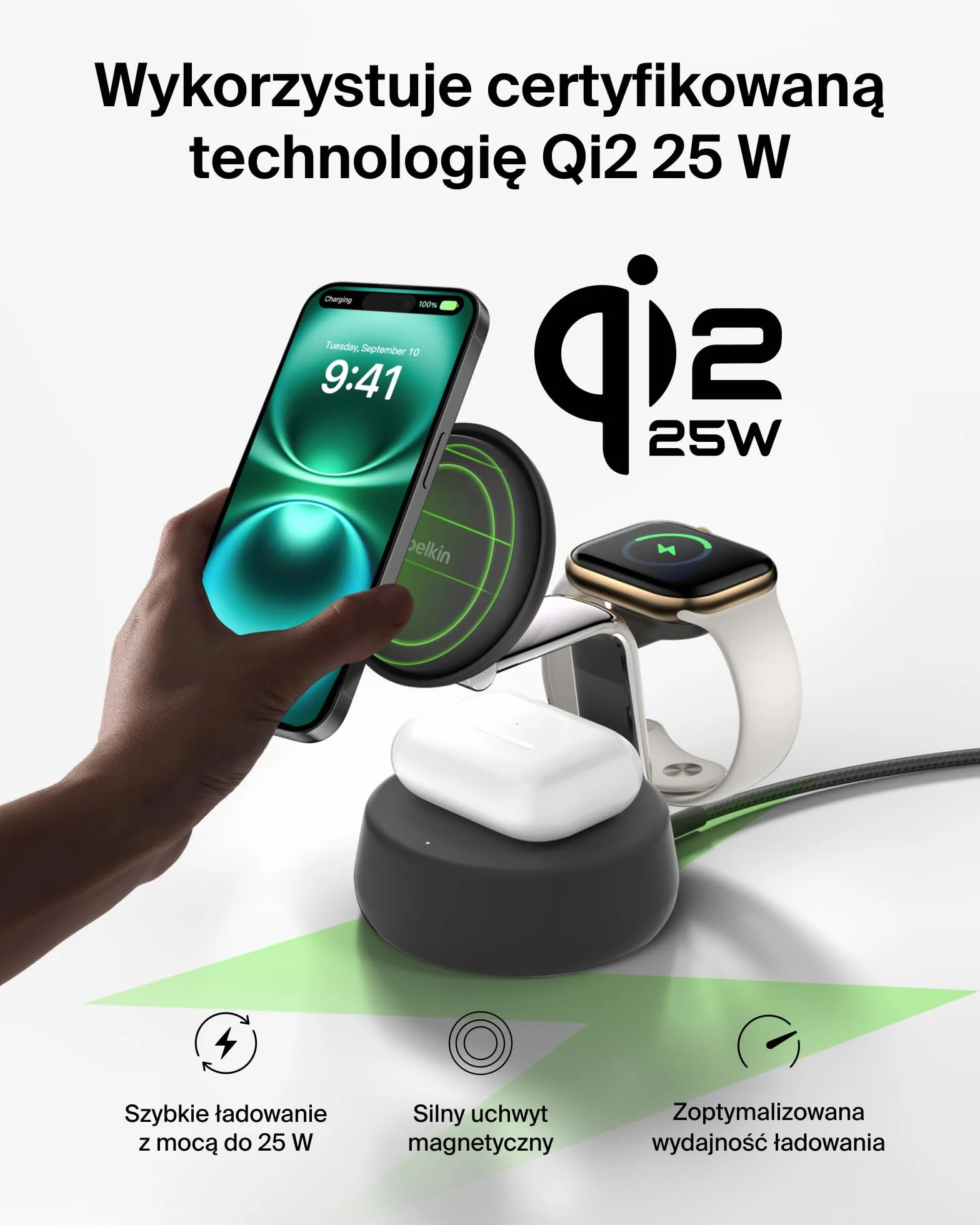 Belkin UltraCharge Pro Qi2 25W Ładowarka Bezprzewodowa 3 w 1 Stacja Ładująca do iPhone 16 Apple Watch AirPods Czarna