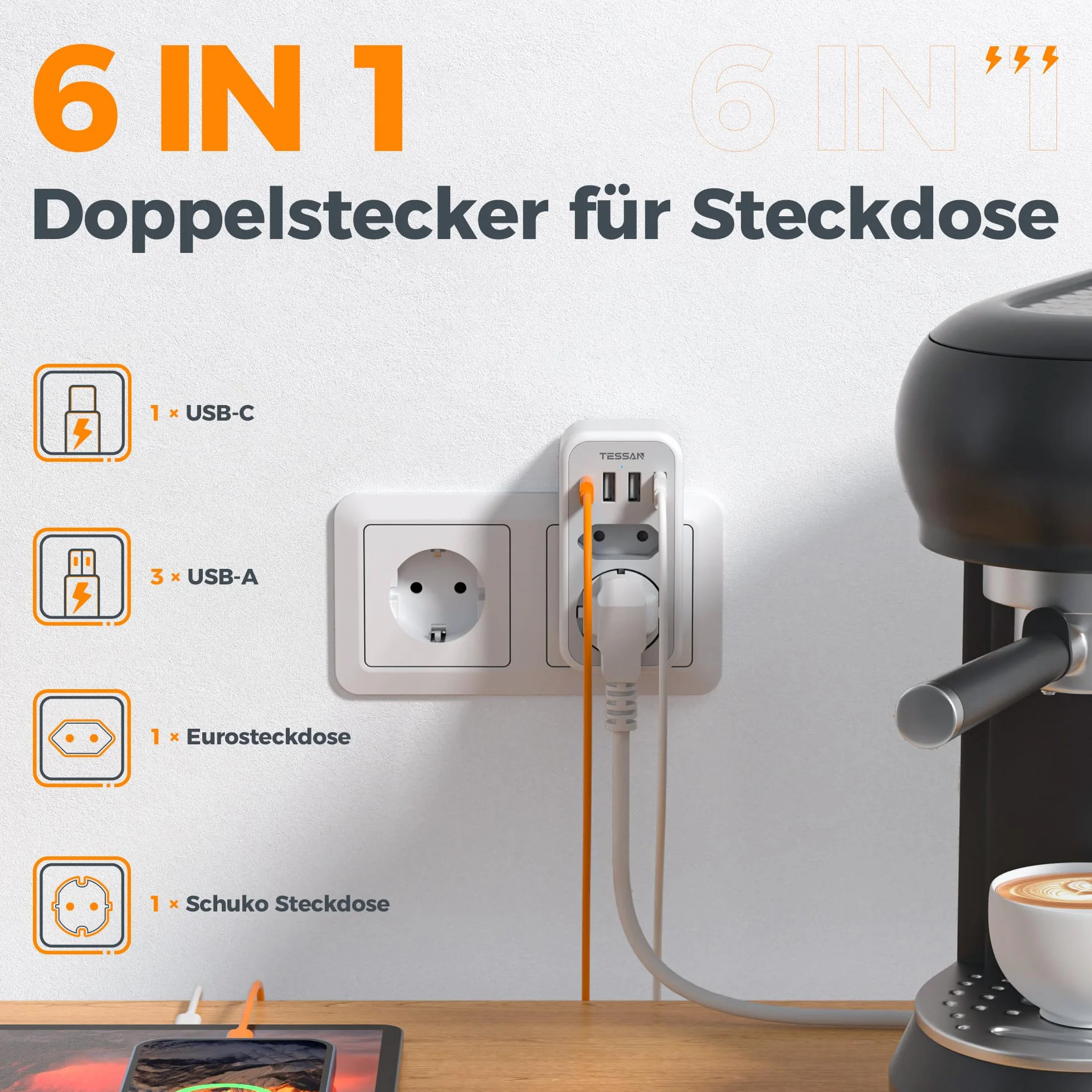 TESSAN Podwójna Wtyczka do Gniazda, Gniazdo Wielokrotne Gniazdo USB C, Adapter Gniazda 2 Drożny z 4 Wtyczkami Zasilającymi USB, Wielopunktowa Wtyczka do Gniazda i Adapter USB C, Szary