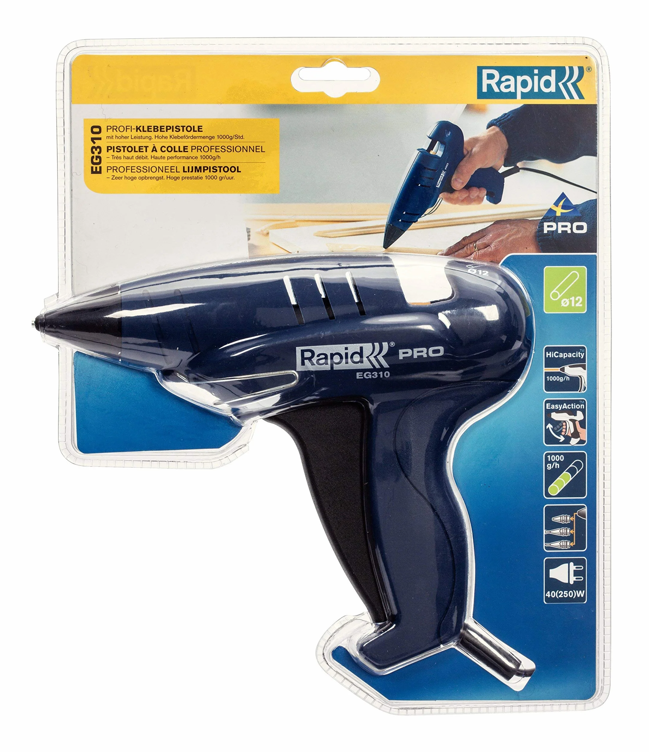Rapid Pistolet do klejenia na gorąco EG310, 12 mm profesjonalny pistolet do klejenia do montażu i dużych powierzchni, 1000 g/h, wydajność tłoczenia kleju, 250 W