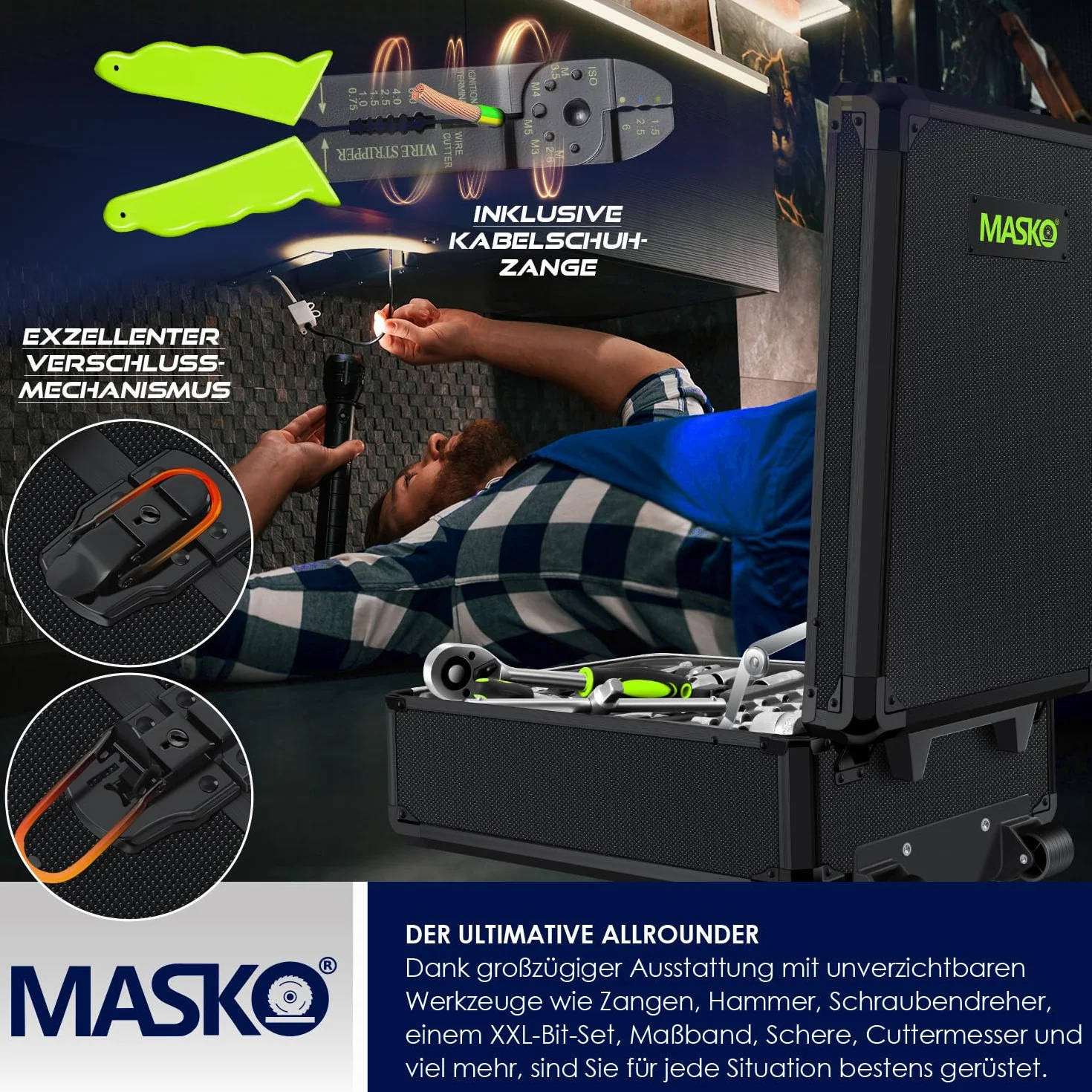 MASKO Walizka narzędziowa 1400-częściowa wypełniona | zestaw narzędzi w walizce aluminiowej | skrzynka na narzędzia z kółkami | skrzynka narzędziowa do domu, domu, hobby, samochodu | funkcja wózka |