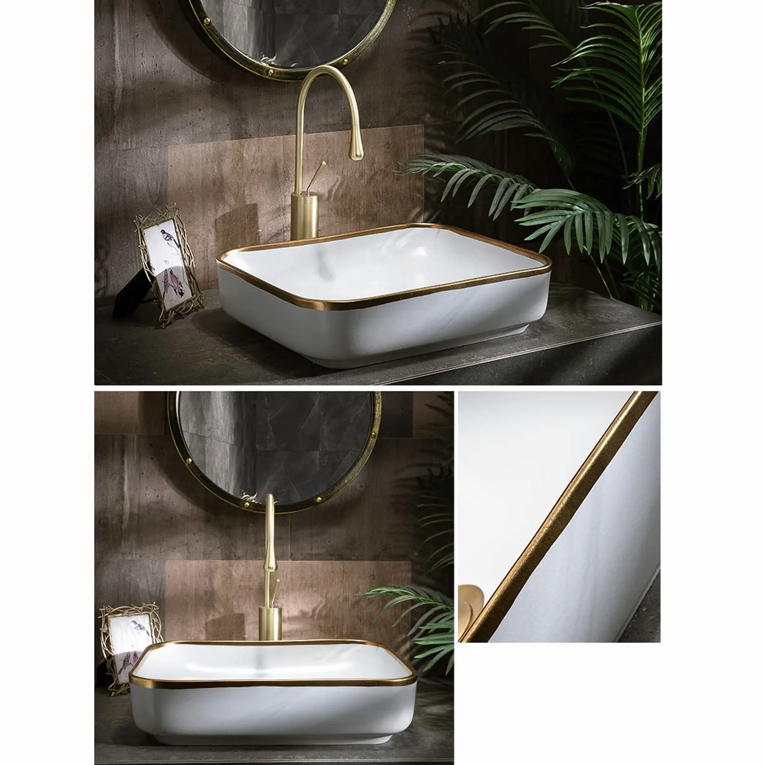 Umywalka Nablatowa Łazienkowa, Miska, Prostokątna, 20,4"×15,7", Umywalka Nablatowa Golden Edge, Porcelanowa, Ceramiczna, Umywalka Nablatowa, Umywalka Nablatowa, Umywalka