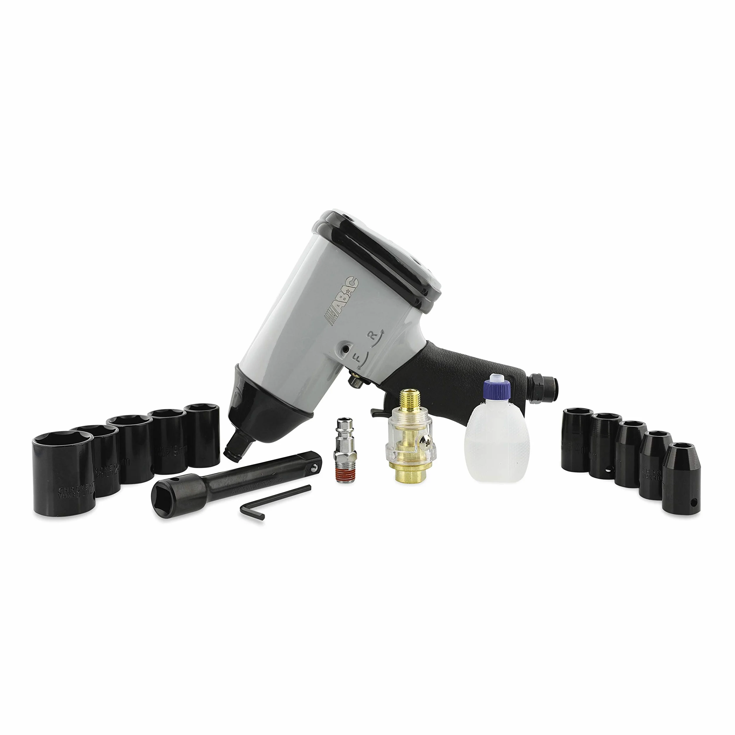 ABAC Wkrętarka udarowa na sprężone powietrze 1⁄2" G-101 – walizka z tworzywa sztucznego z akcesoriami (10 kluczy nasadowych + przedłużenie 100 mm + mini olejarka + plastikowa butelka) – moment
