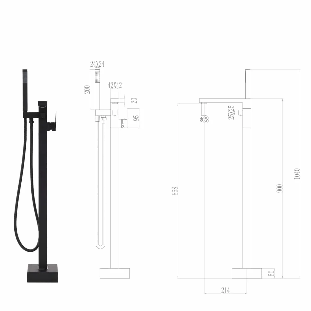 Wolnostojąca armatura wannowa czarna stal szlachetna 90 cm z słuchawką prysznicową, wąż 150 cm, wlot do wanny, wlot wody, wylot wanny, bateria mieszakowa do renowacji łazienki