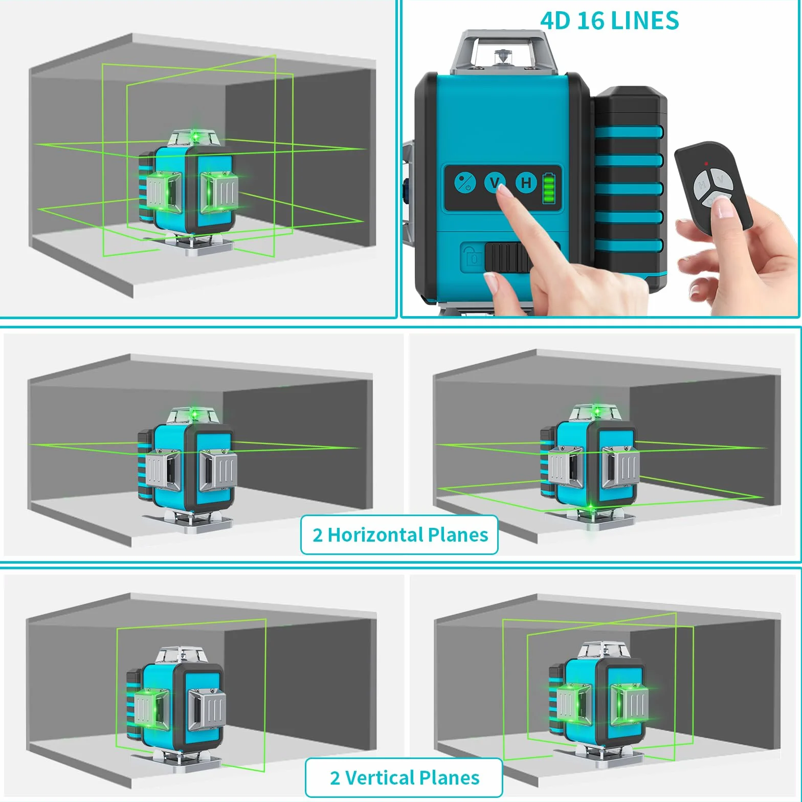 Laser krzyżowy zielony, laser 4 x 360 stopni, laser liniowy, laser krzyżowy, laserowy niwelator, laser budowlany do użytku wewnątrz i na zewnątrz, plac budowy, akumulator x 2