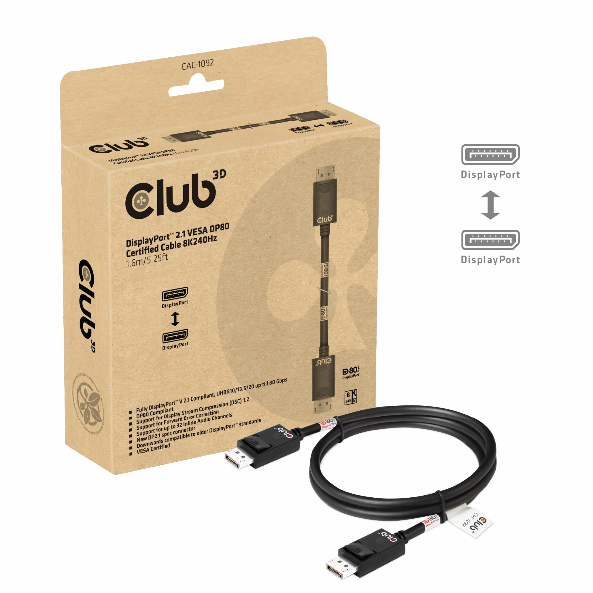 Club3D CAC-1092 DisplayPort 2.1 kabel dwukierunkowy VESA DP80 certyfikowany 4K240Hz 8K60Hz 10K60Hz M/M 1,6 m