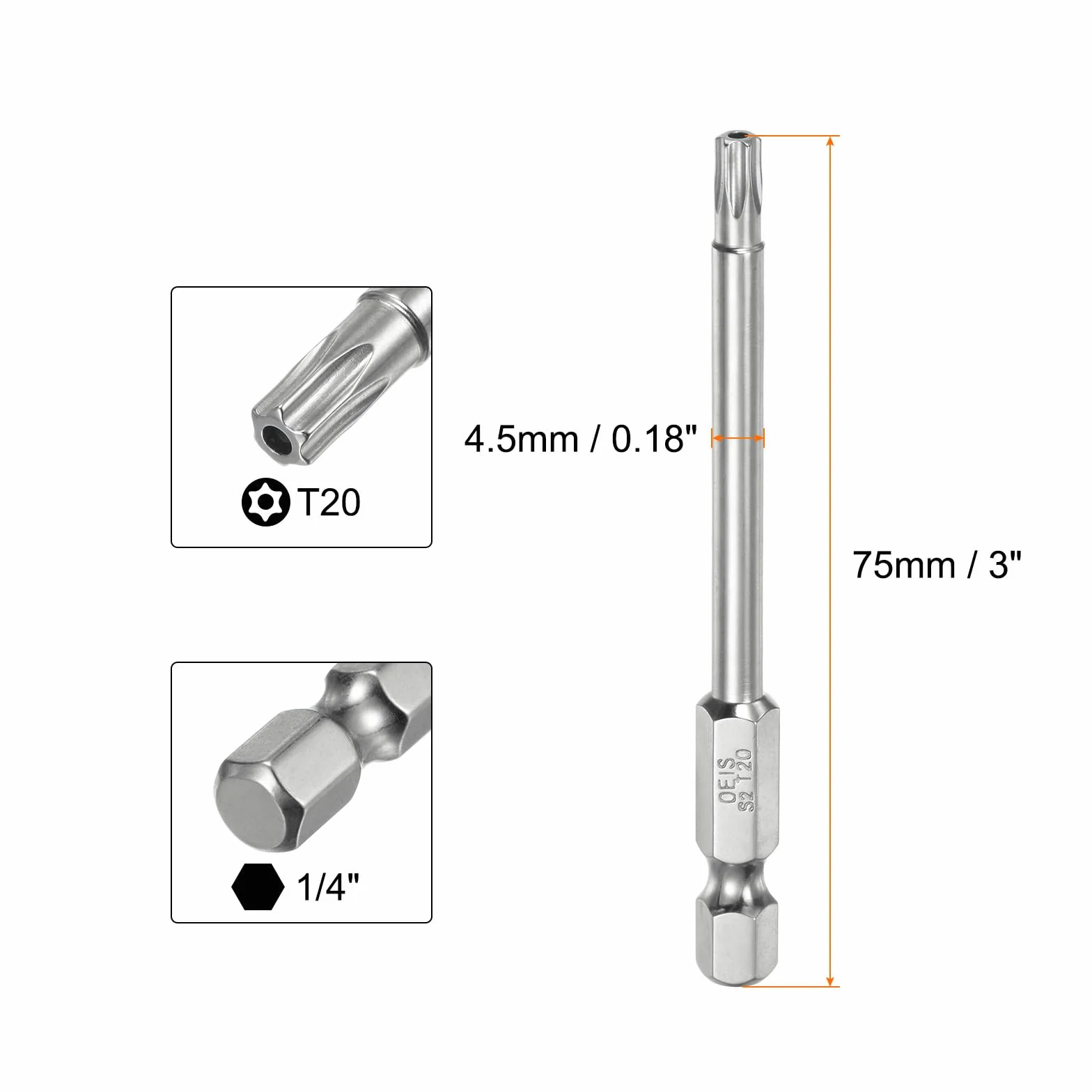 QUARKZMAN T20 Torx zestaw bitów 1/4", trzpień sześciokątny, długość 75 mm, stal S2, magnetyczny zestaw bitów, odporne na manipulacje, wkrętaki, bity gwiazdowe z otworem na śruby, wkrętarkę