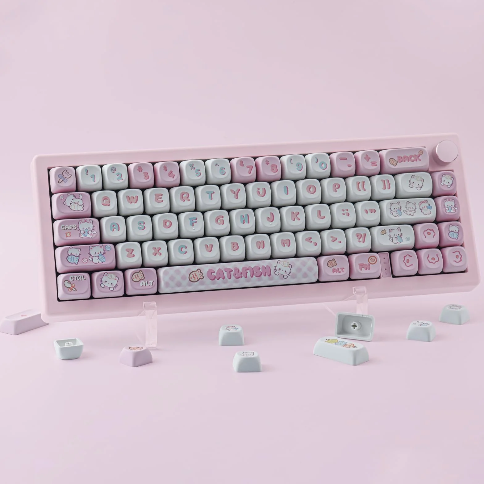 PBT Cute Kitty-cat Keycaps Set 140 Keys Dye-Sublimation MOA Profile for Cherry Gateron MX Switches Mechanical Keyboards