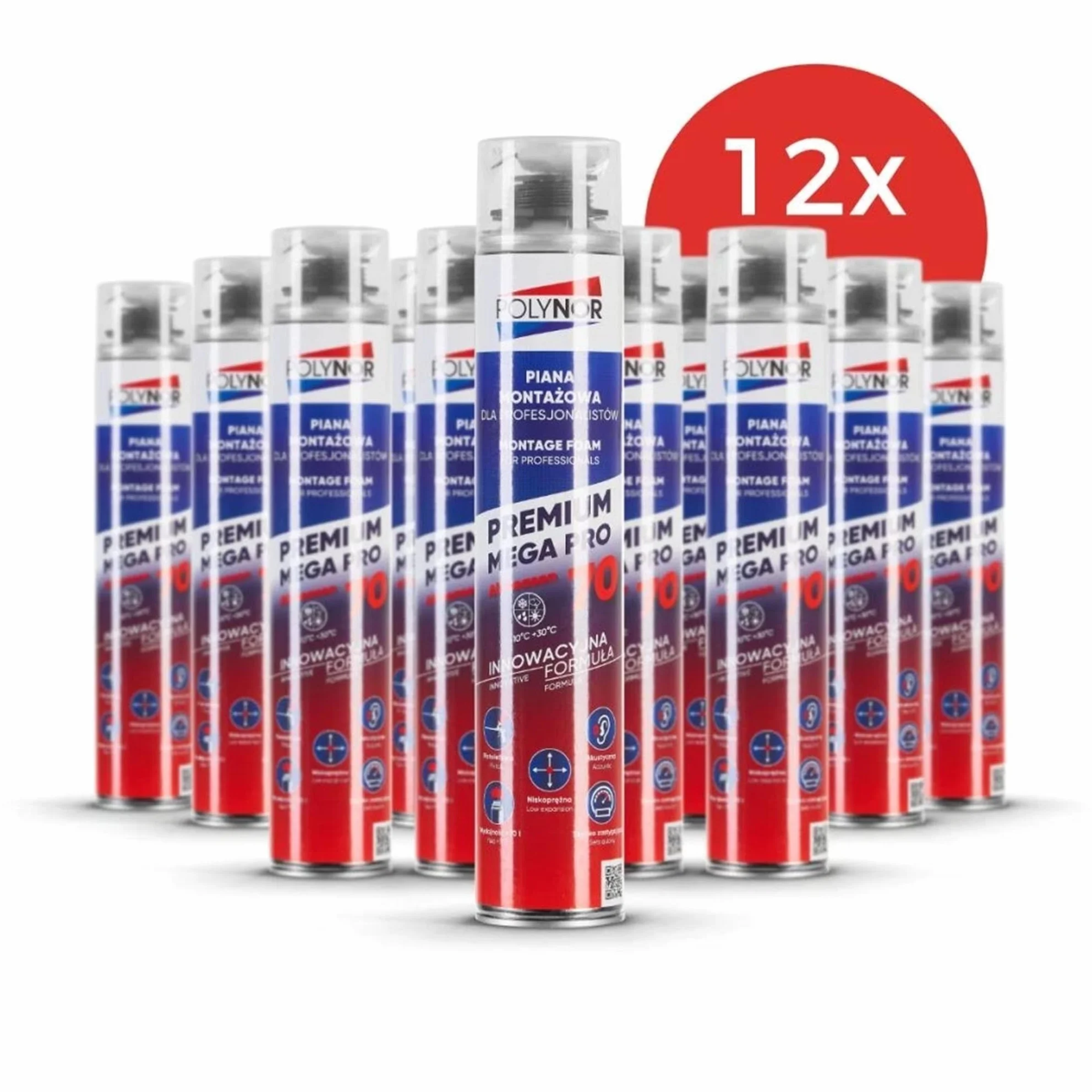 POLYNOR Pianka Montażowa PREMIUM MEGA PRO 70 - Piana Montażowa Wielosezonowa - 12 Sztuk - do Okien i Drzwi - Uszczelnianie Szczelin i Spoin - PUR 70L - 850 ml