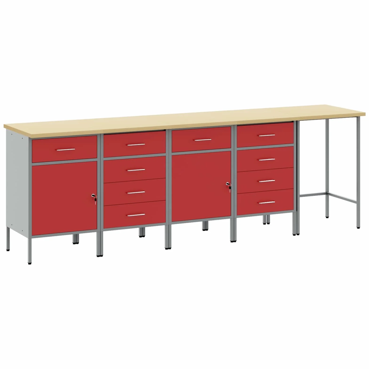 Zestaw szafek roboczych z szufladami i zamkiem ze stali malowanej proszkowo i materiału drewnopochodnego, 255 x 55 x 85 cm, 5-częściowy, czerwono-szary, do warsztatu, garażu, wózka