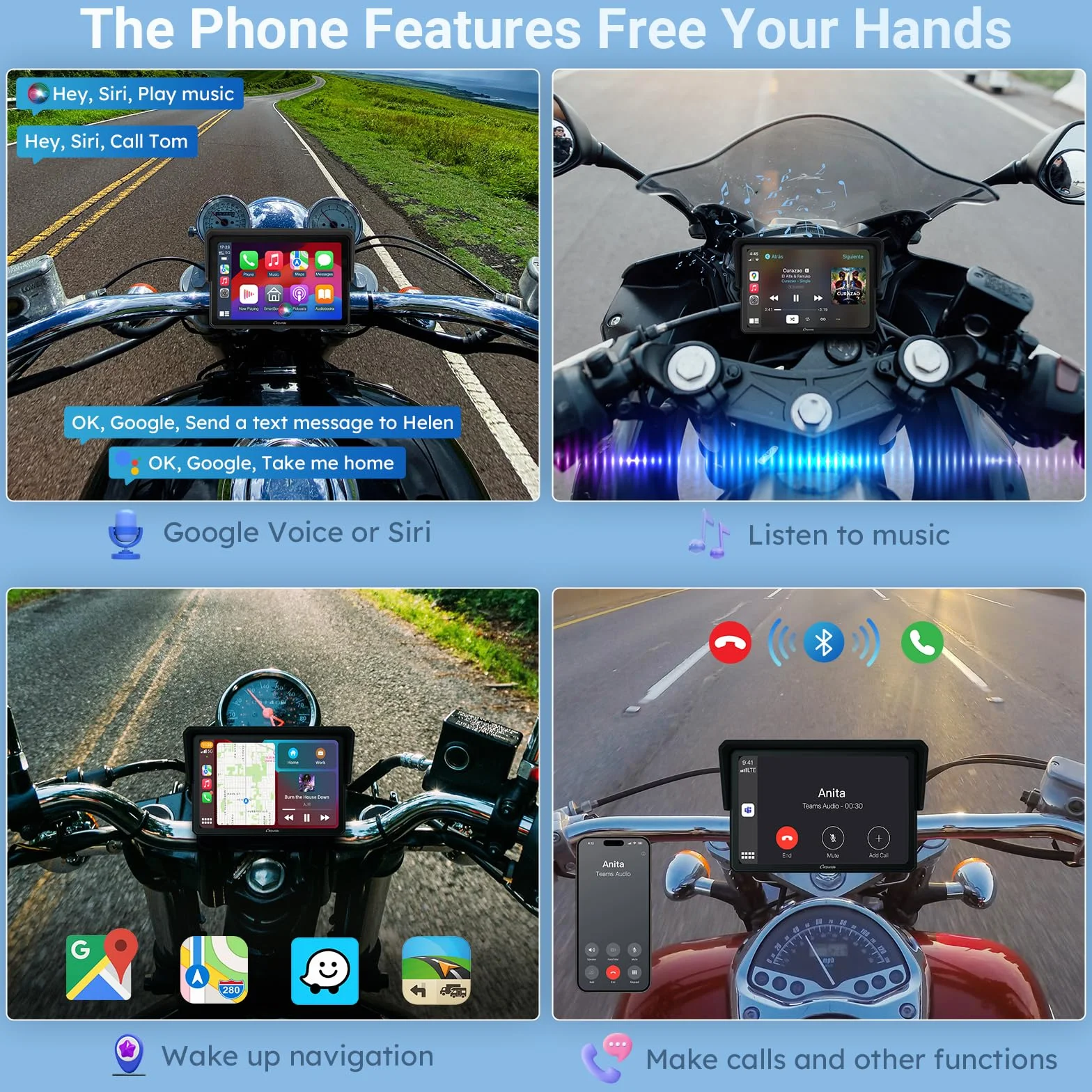 Carpuride W502 Ekran motocyklowy 5" GPS CarPlay Android Auto wodoodporny IP67 Bluetooth