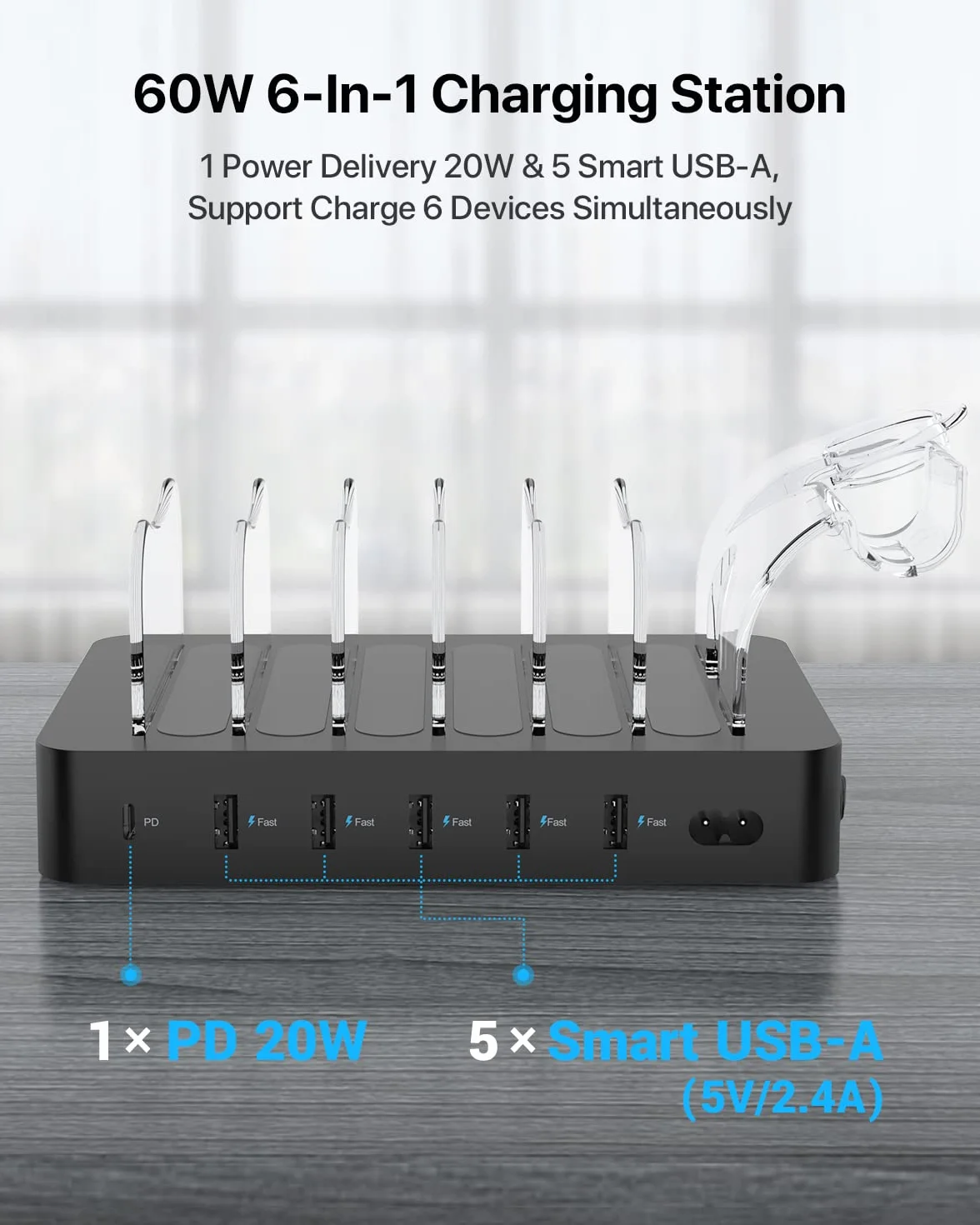 SooPii 60W 6-portowa stacja ładująca USB C PD 20W szybkie ładowanie