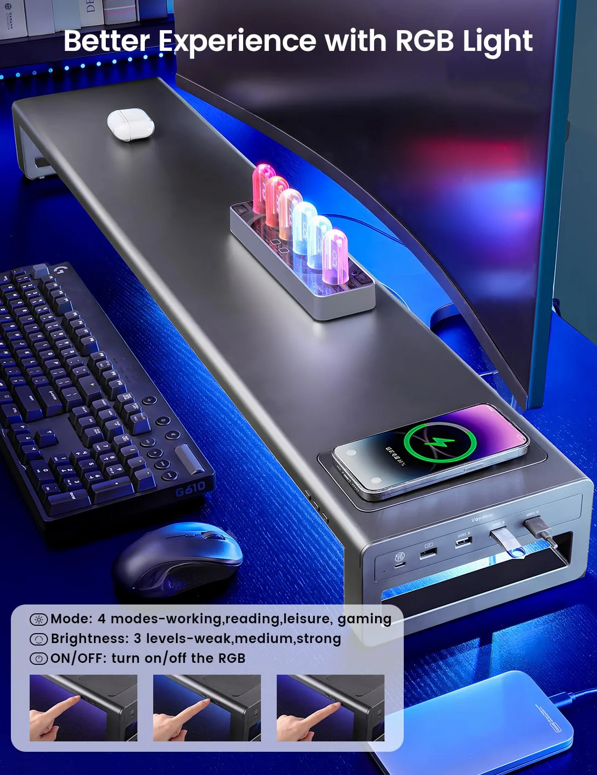 Vardeer Podwójny Stojak na Monitor Metalowy z Bezprzewodowym Ładowaniem i 4 Portami USB, Obsługa 32 Cale, Czarny