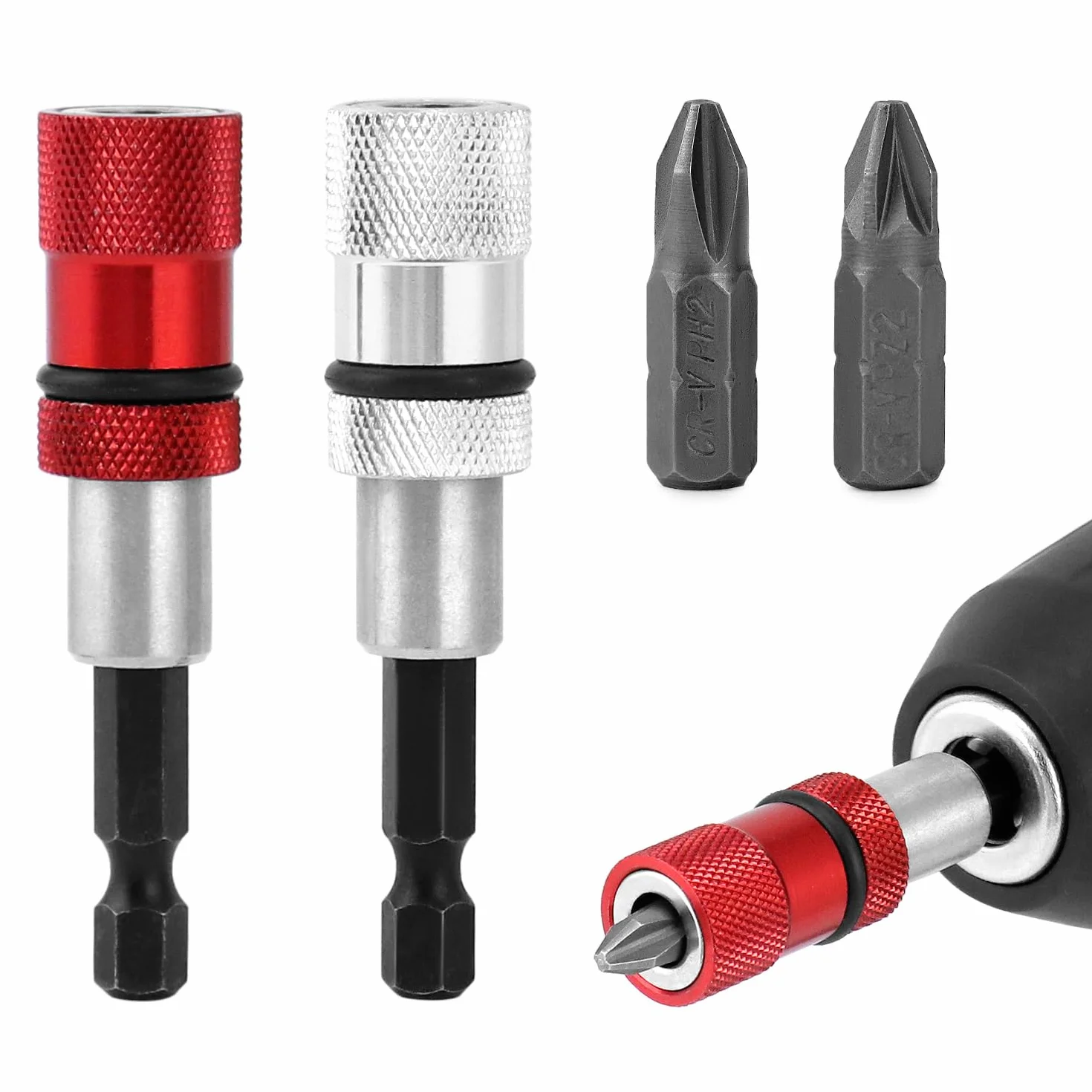 QWORK® 2 szt. Magnetyczny uchwyt na bity uchwyt do szybkiej wymiany bitów z chwytem sześciokątnym 1/4 cala z 2 x wkrętak do płyt gipsowo-kartonowych PH2