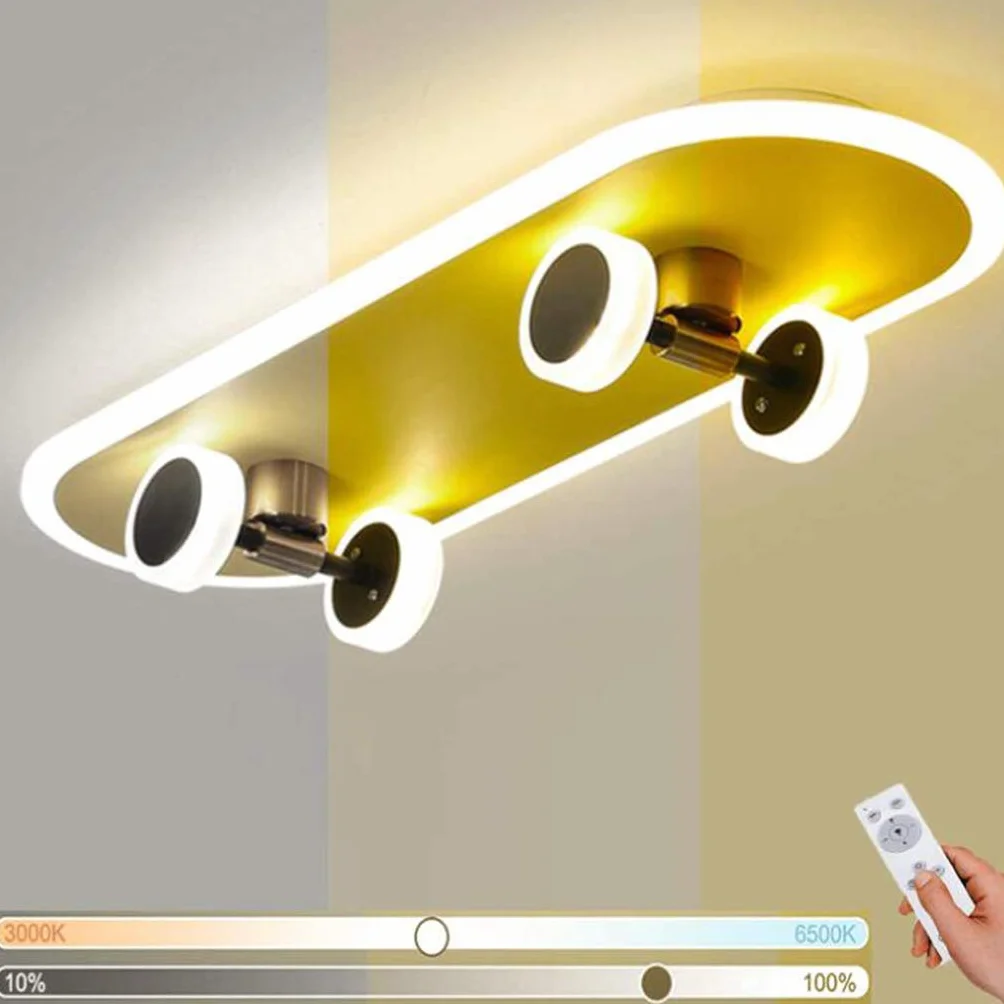 Dziecięca lampa sufitowa LED, kreatywna deskorolka, lampa sufitowa 6000 K, nowoczesna lampa do pokoju dziecięcego, kreskówka, dla chłopców i dziewczynek, ściemniana, 32 W, akrylowy żyrandol,