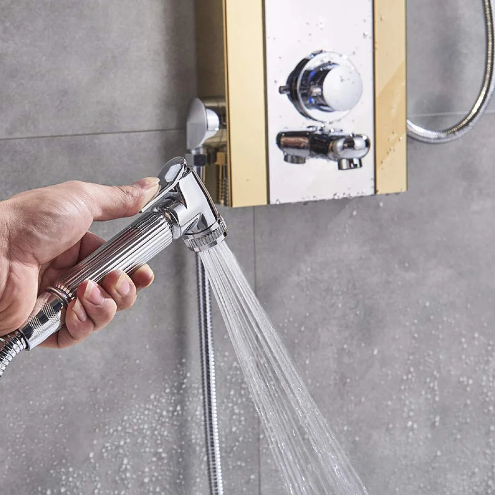 Zestaw prysznicowy ze stali nierdzewnej, bateria LED, termostatyczny panel prysznicowy, wielofunkcyjny, 6 wylotów wody, dysza i bidet, bateria prysznicowa, tytanowe złoto (tytanowe złoto)