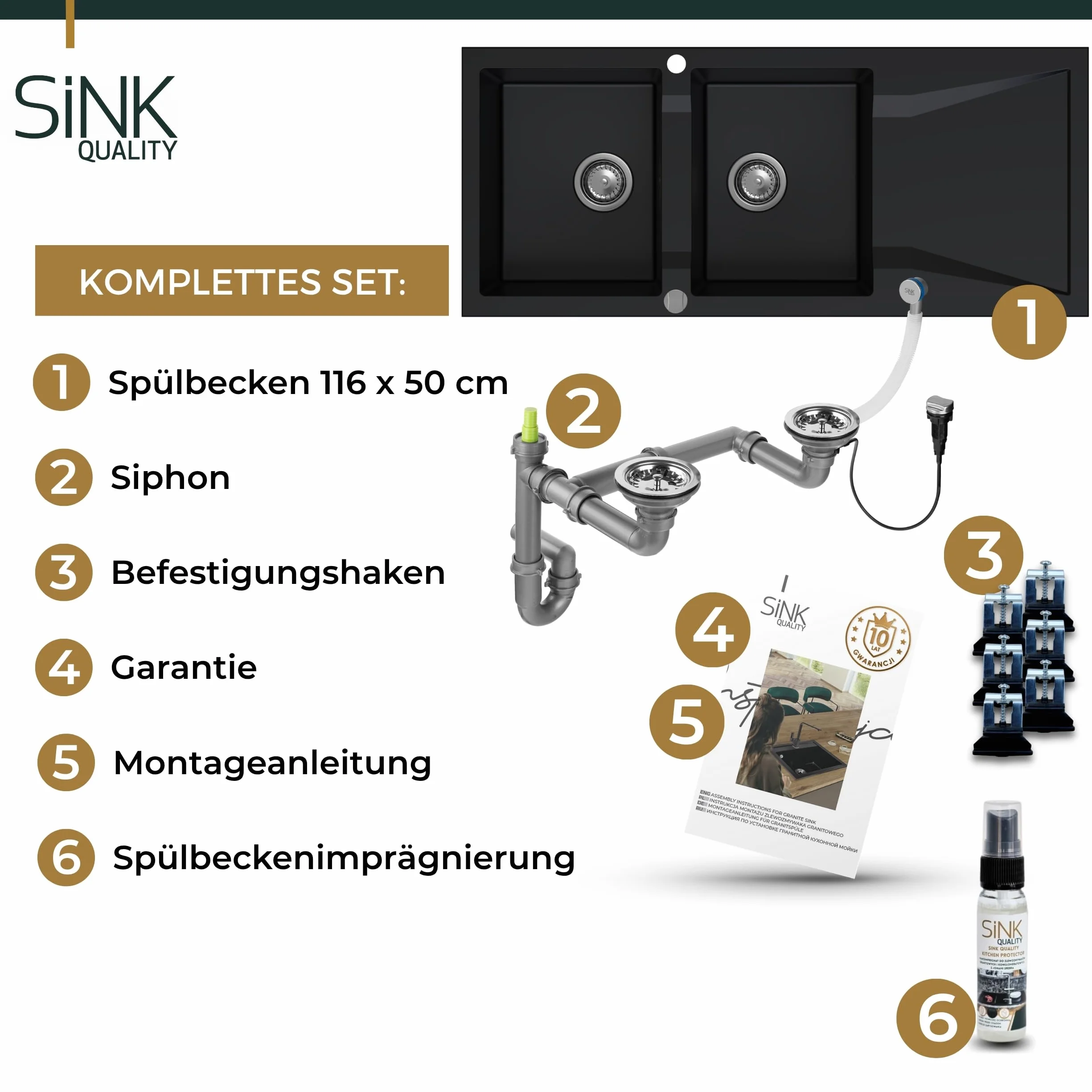 SINK QUALITY podwójny zlewozmywak z ociekaczem, zlewozmywak granitowy czarny 116 x 50 cm, podwójny zlew z syfonem i substancją impregnującą, 2 umywalki zlewozmywaki kuchenne od 80