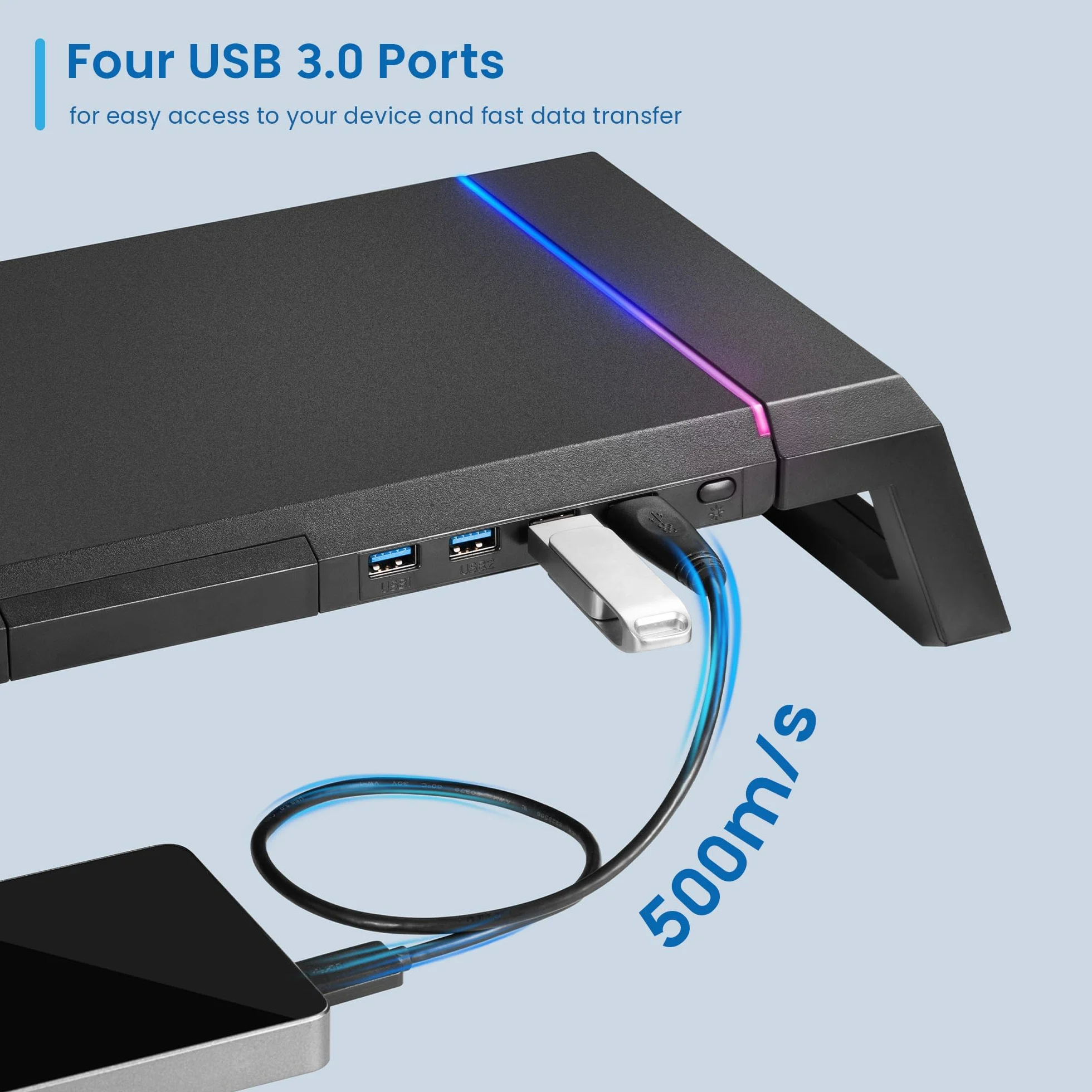 Ewent Stojak na monitor RGB regulowany z szufladą USB 3.2 Gen 1 czarny