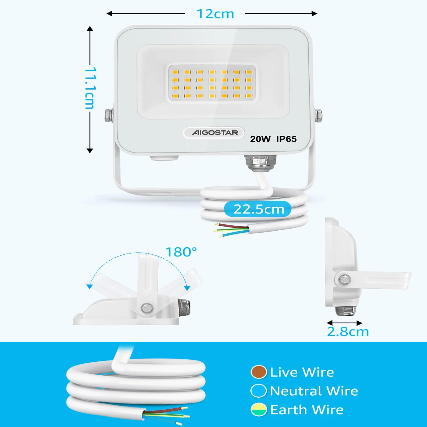 Aigostar – 20 W reflektor zewnętrzny LED, 1650 lm reflektor LED, wodoodporna lampa zabezpieczająca IP65, naturalne oświetlenie zewnętrzne 4000 K, do ogrodu, na patio, do garażu, 2 szt
