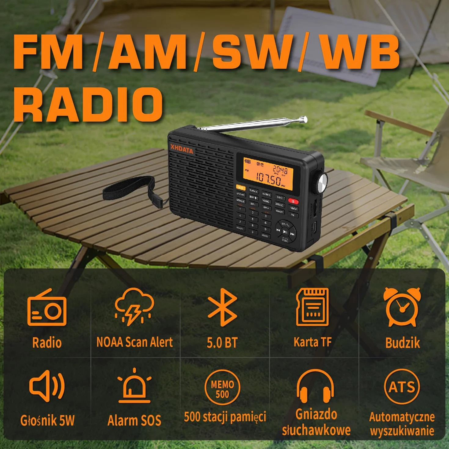 XHDATA D109WB Przenośne radio retro FM/AM/LW MP3 TF Bluetooth z zegarem i budzikiem