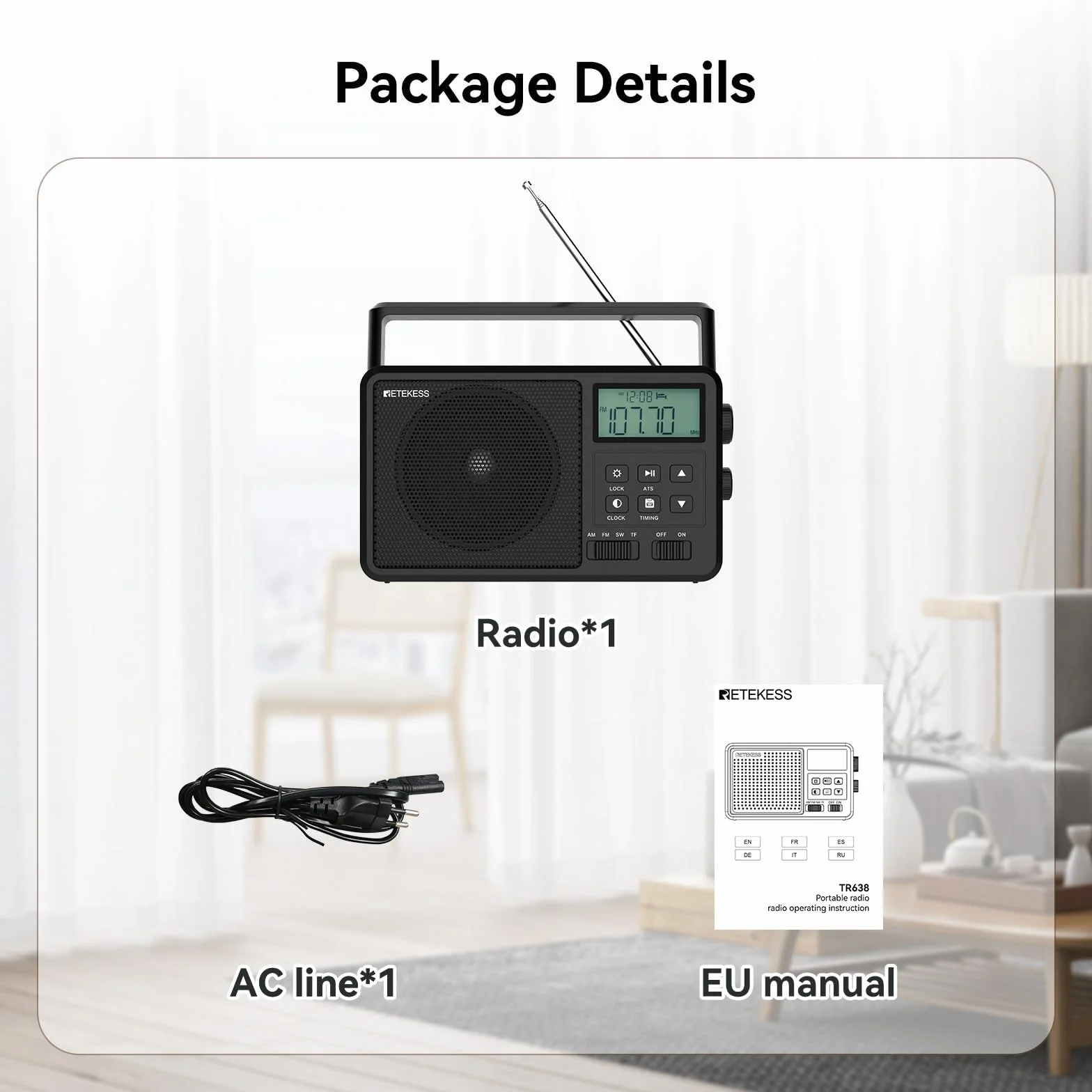 Retekess TR638 Przenośne Radio AM FM SW LCD Strojenie Cyfrowe TF USB