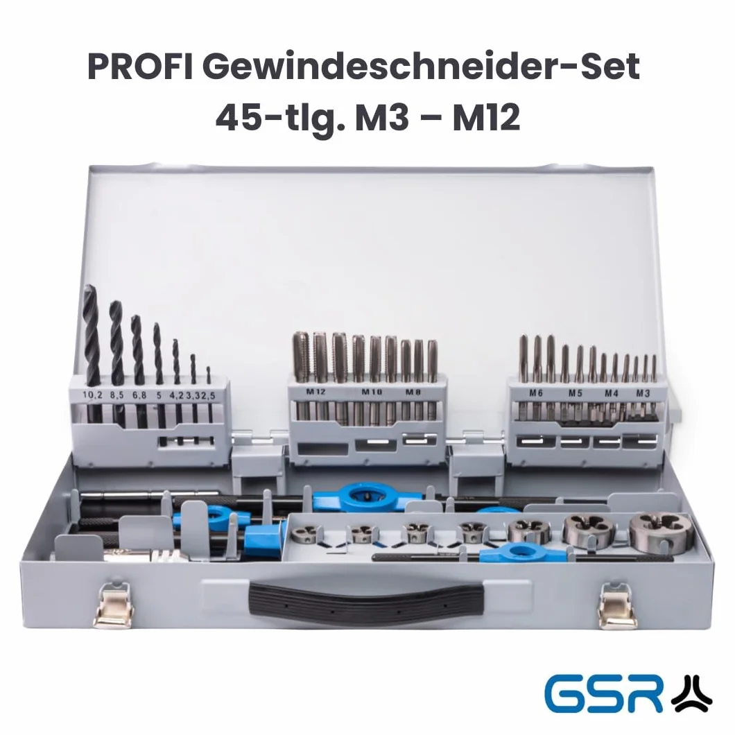 GSR Profesjonalny asortyment gwintowników, 45-częściowy, zestaw gwintowników metrycznych, zestaw gwintowników HSS-G, M3-M12, gwintowniki i narzynki, wiertło rdzeniowe, narzędzia mocujące, ze stalową