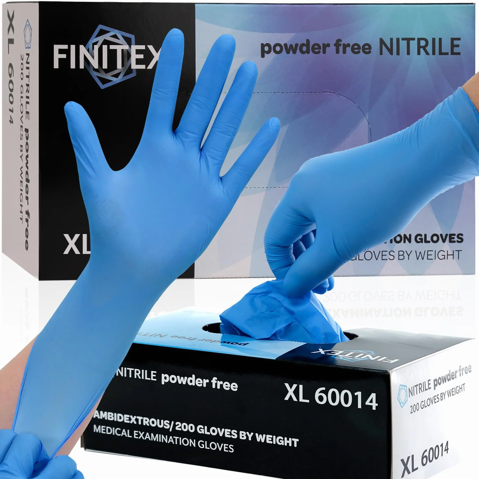 FINITEX Niebieskie jednorazowe rękawiczki nitrylowe, 200 szt./pudełko, 3,5 g/3,2 mil, gumowe bezpudrowe rękawiczki bez lateksu, rękawice do badań, rękawice medyczne, XL