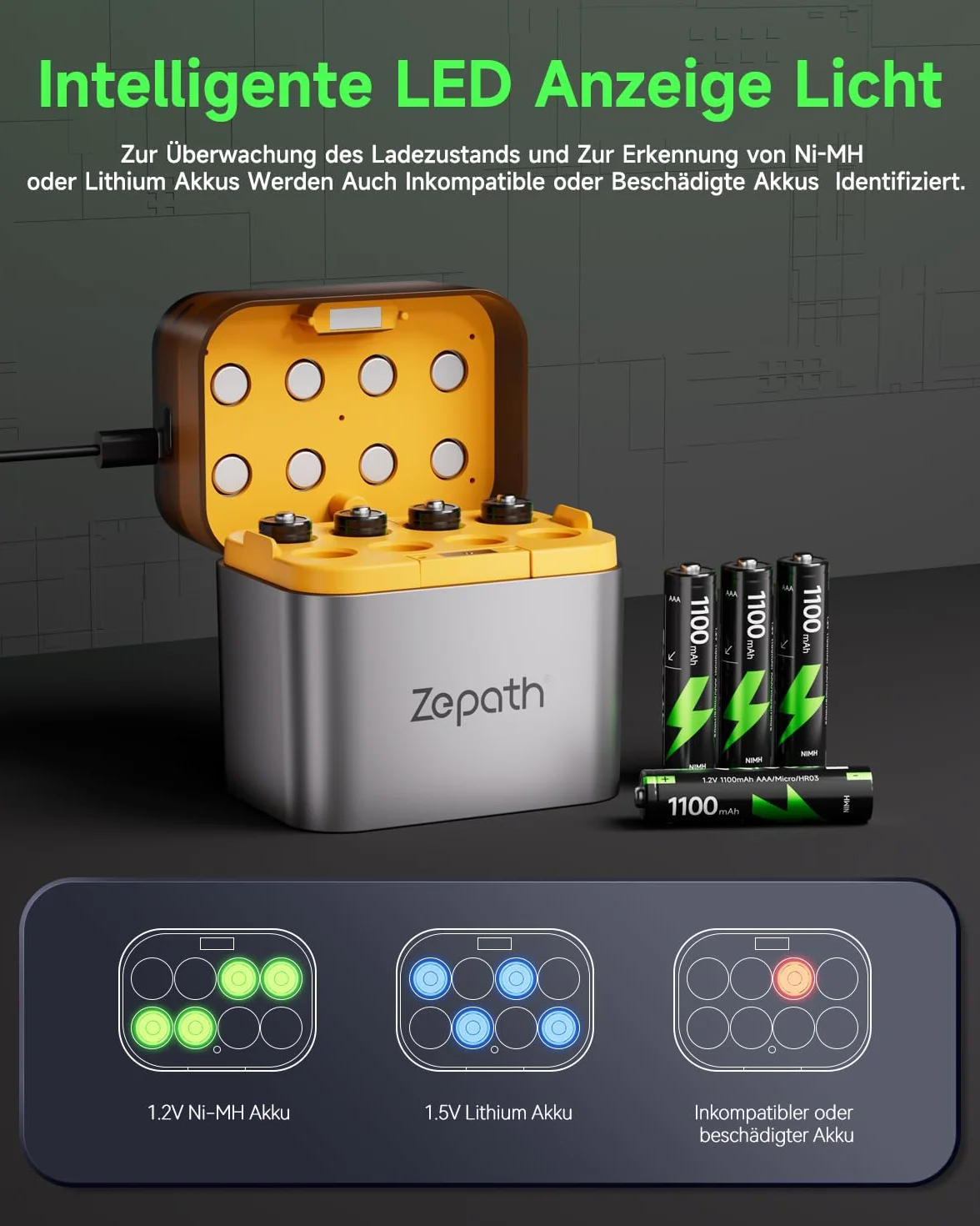 Hybrydowa ładowarka litowo-jonowa/NI-MH 8x AAA 1100mAh 1,2V AA/AAA LED
