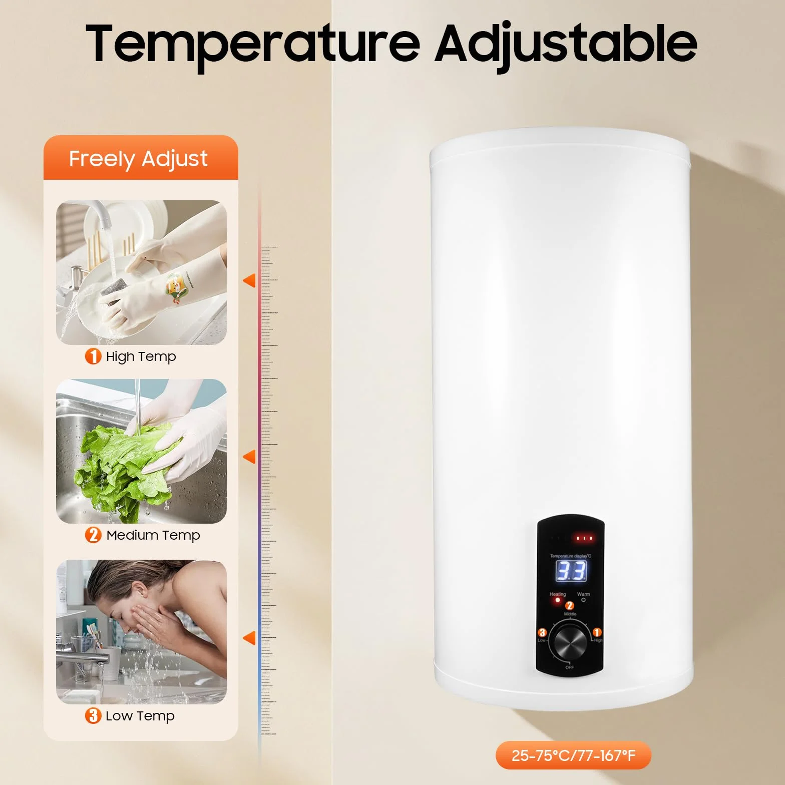 Elektryczny zbiornik ciepłej wody 50 litrów, bojler ciepłej wody 2000 W, pionowy montaż na ścianie, wyświetlacz, temperatura 25-75°C, z armaturą i słuchawką prysznicową, do łazienki i kuchni w małych