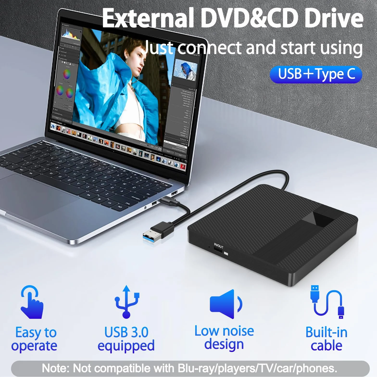 Zewnętrzny Odtwarzacz CD DVD z USB 3.0 Type-C Przenośny Czytnik Dysków CD DVD +/- R/RW Podłącz i graj działa z PC, Laptopami, Mac OS, Windows 11/10/8/7/XP i Linux