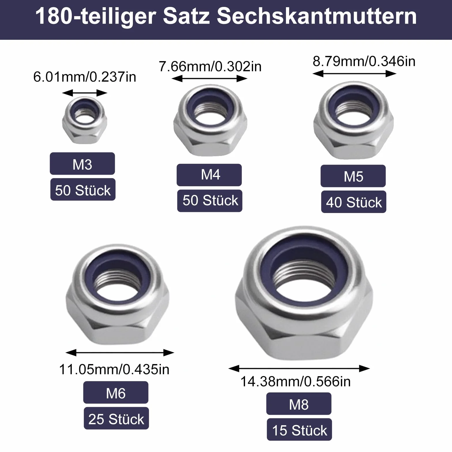 Zestaw 180 nakrętek zabezpieczających ZMDMAH, M3, M4, M5, M6, M8, nakrętki sześciokątne, nakrętki samozabezpieczające, asortyment, nakrętki śrubowe ze stali nierdzewnej 304, nakrętki zabezpieczające