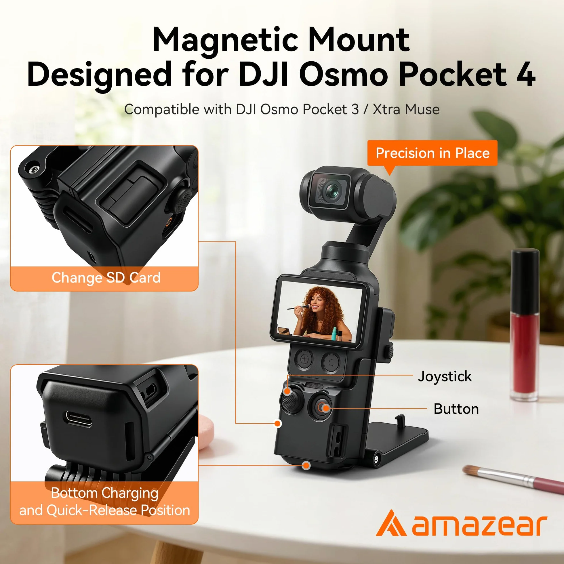 AMAZEAR Magnetyczny Uchwyt Montażowy dla DJI Osmo Pocket 4/3, Adapter Rozszerzający, Uchwyt z Przyssawką, 180° Regulowany, Czarny