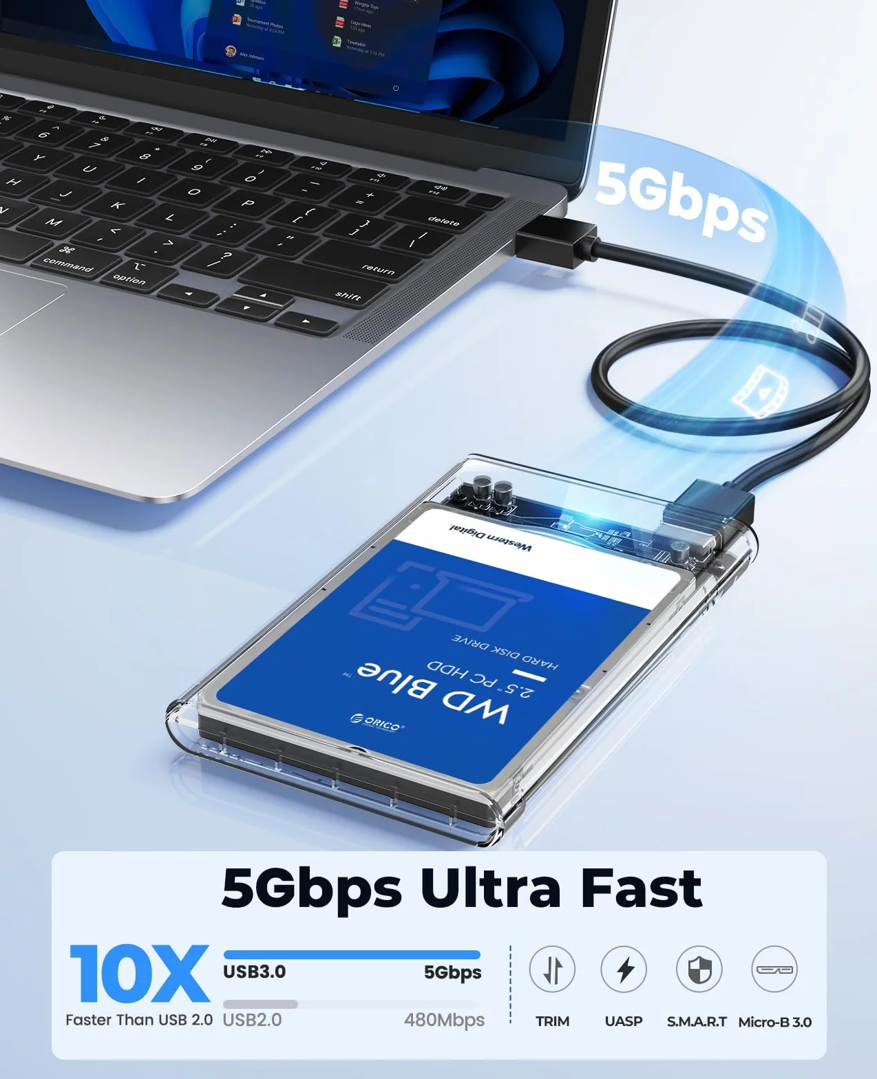 ORICO 2139U3 Obudowa dysku twardego 2,5”, USB 3.0 na SATA 3.0, zewnętrzna obudowa do SATA HDD i SSD 2,5” 7 mm i 9,5 mm, bez narzędzi, przyspieszenie UASP (kolor: przezroczysty)