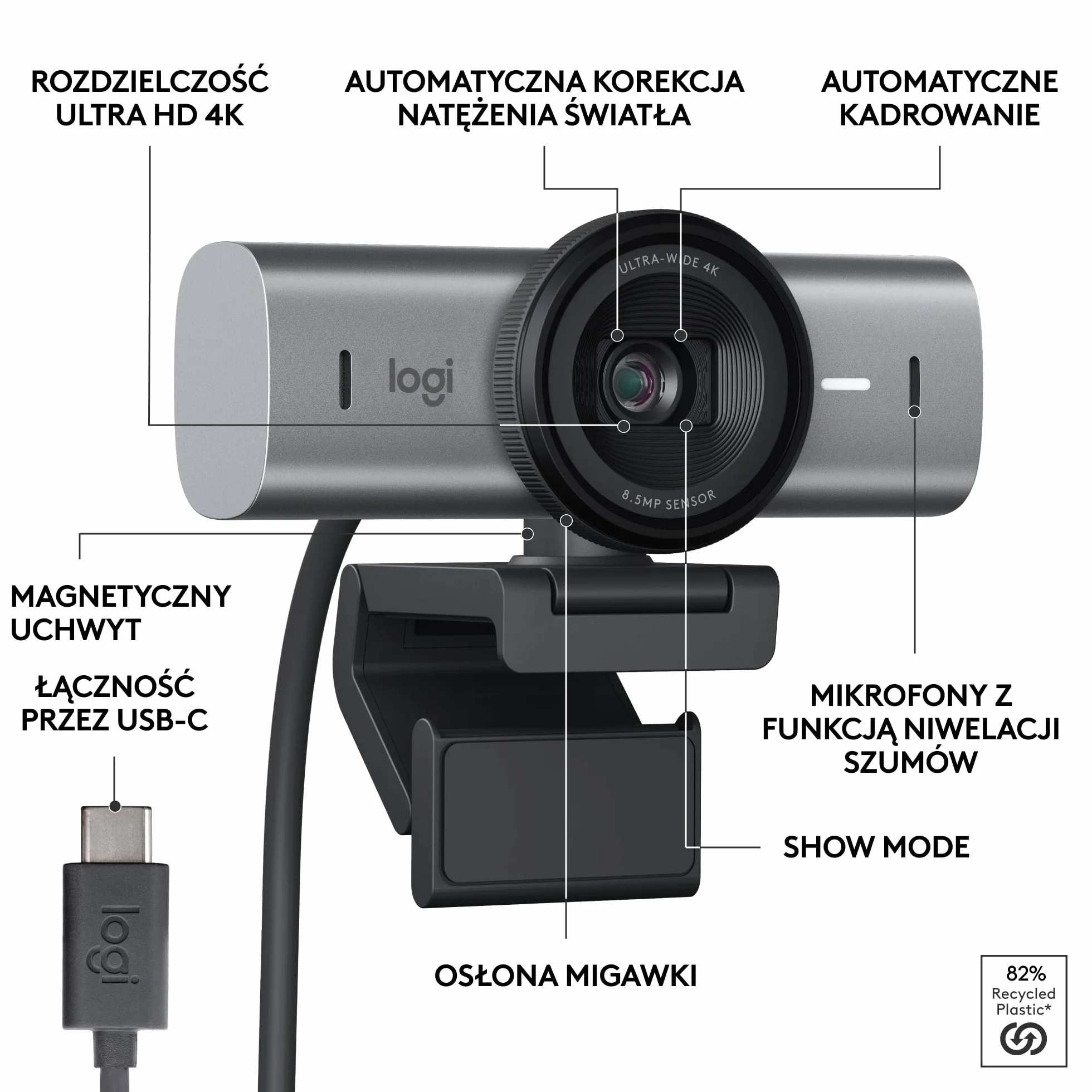 Logitech MX Brio Ultra HD 4K Kamera do streamingu, 1080p 60fps, mikrofony z redukcją szumów, USB-C, Grafit