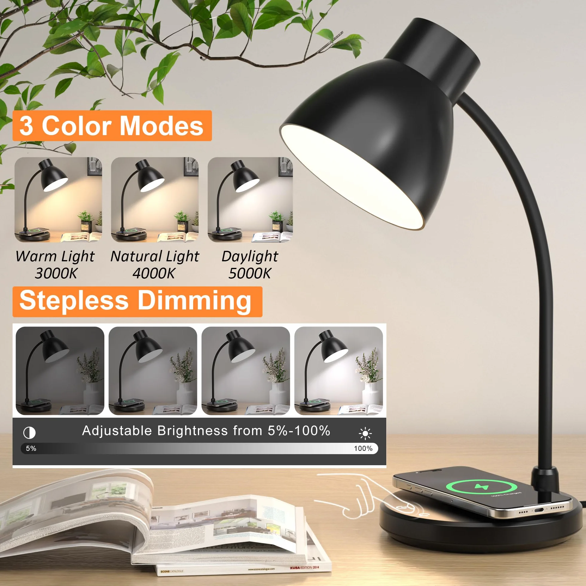 Lampy biurkowe do domowego biura – lampa biurkowa LED z bezprzewodową ładowarką, 3 tryby kolorów, możliwość ściemniania, troska o wzrok, lampka do czytania, mała elastyczna lampa stołowa do