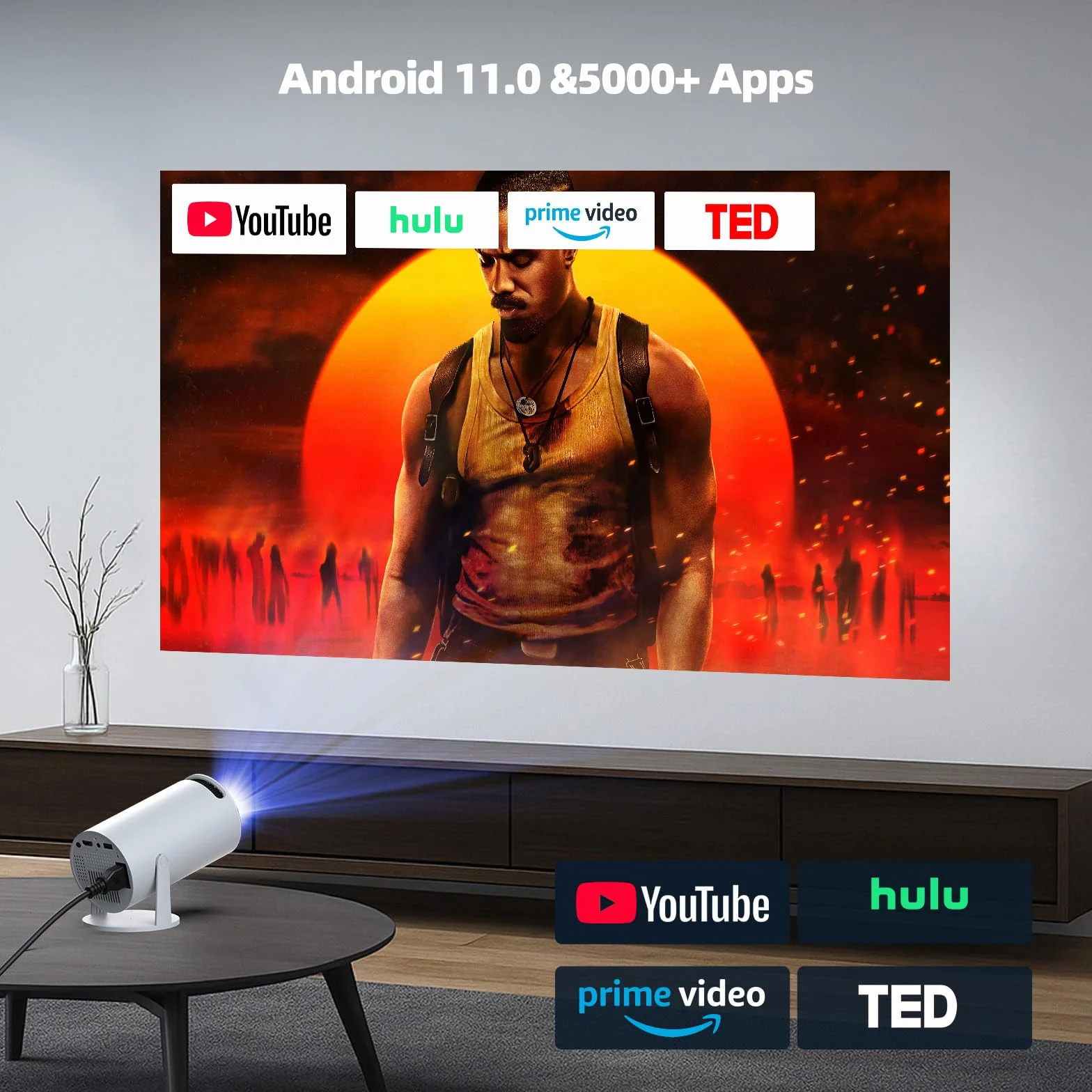 Mini projektor 4K WiFi 6 BT 5.0 Android 11 automatyczny Keystone 220° przenośny HDMI USB