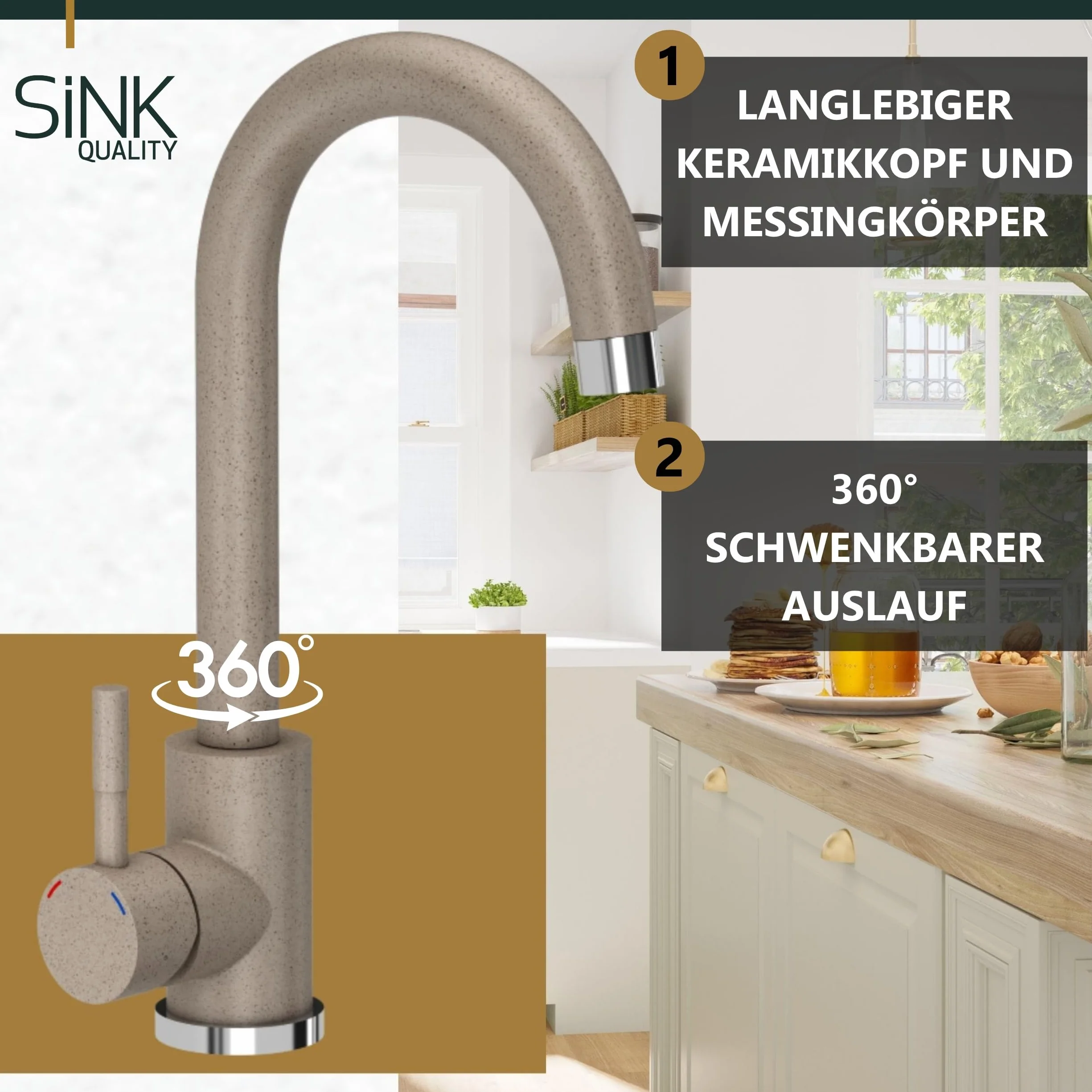 SINK Quality beżowy zlewozmywak z armaturą zestaw 45 × 42 cm – zlewozmywak z kranem, syfonem i impregnacją – kompletny zestaw z granitu – zlewozmywak do szafki pod umywalkę od 45 cm
