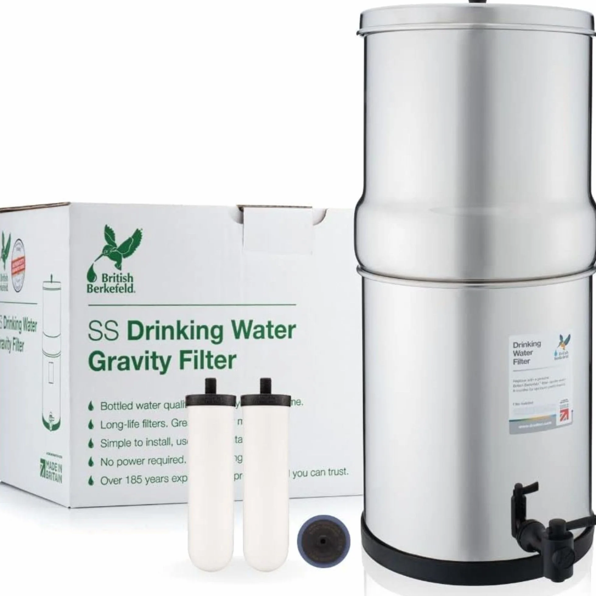 British Berkefeld System Filtracji Wody Grawitacyjnej 6L Ze Stali Nierdzewnej | W Zestawie 2 Wkłady Ultra Sterasyl | Czysta Woda O Doskonałym Smaku | Nie Wymaga Zasilania Ani Instalacji Wodociągowej