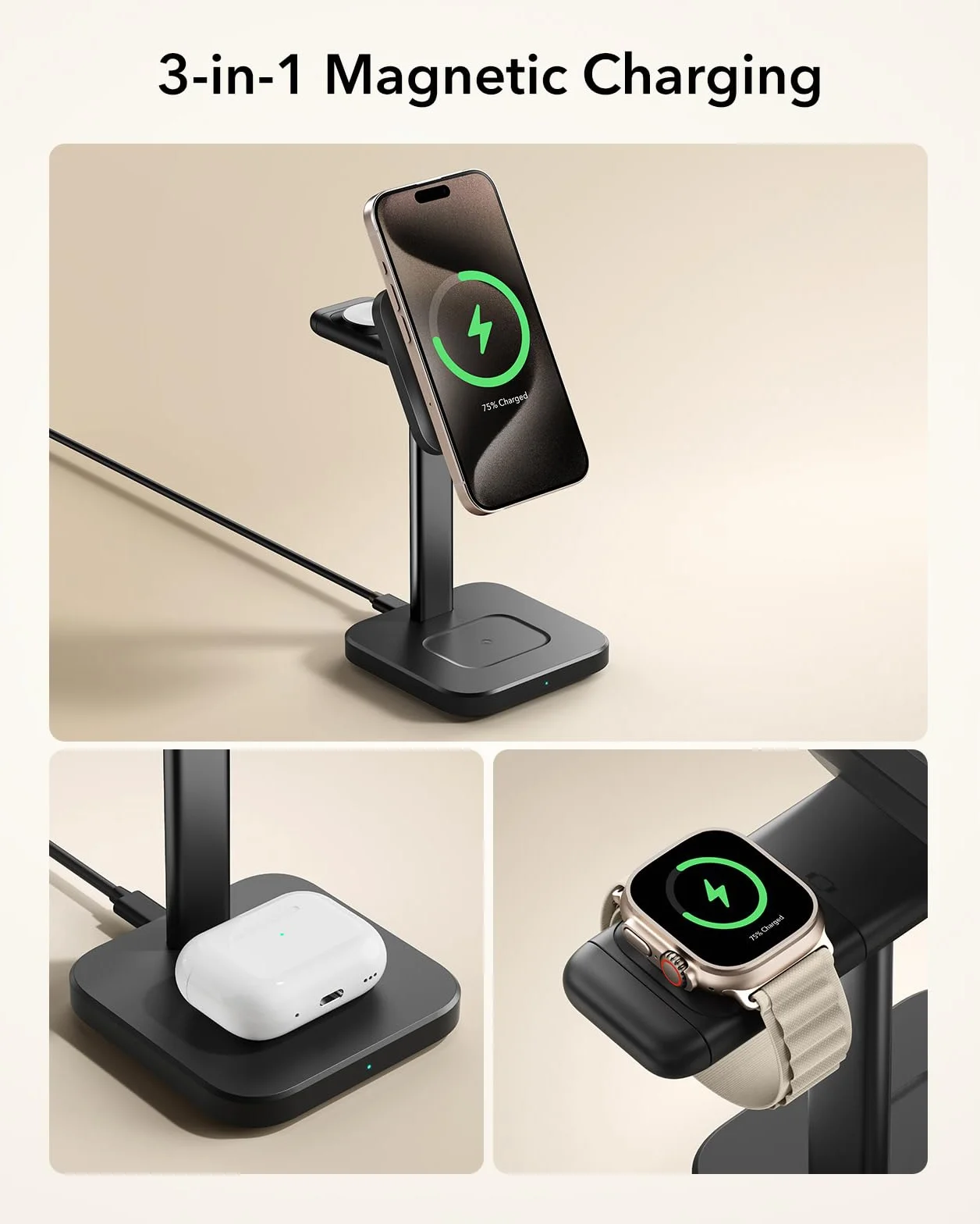 ESR Qi2 Stacja Ładująca 3 w 1 MagSafe do iPhone 17/16/15/14/13/12, Apple Watch i AirPods 4, Czarna