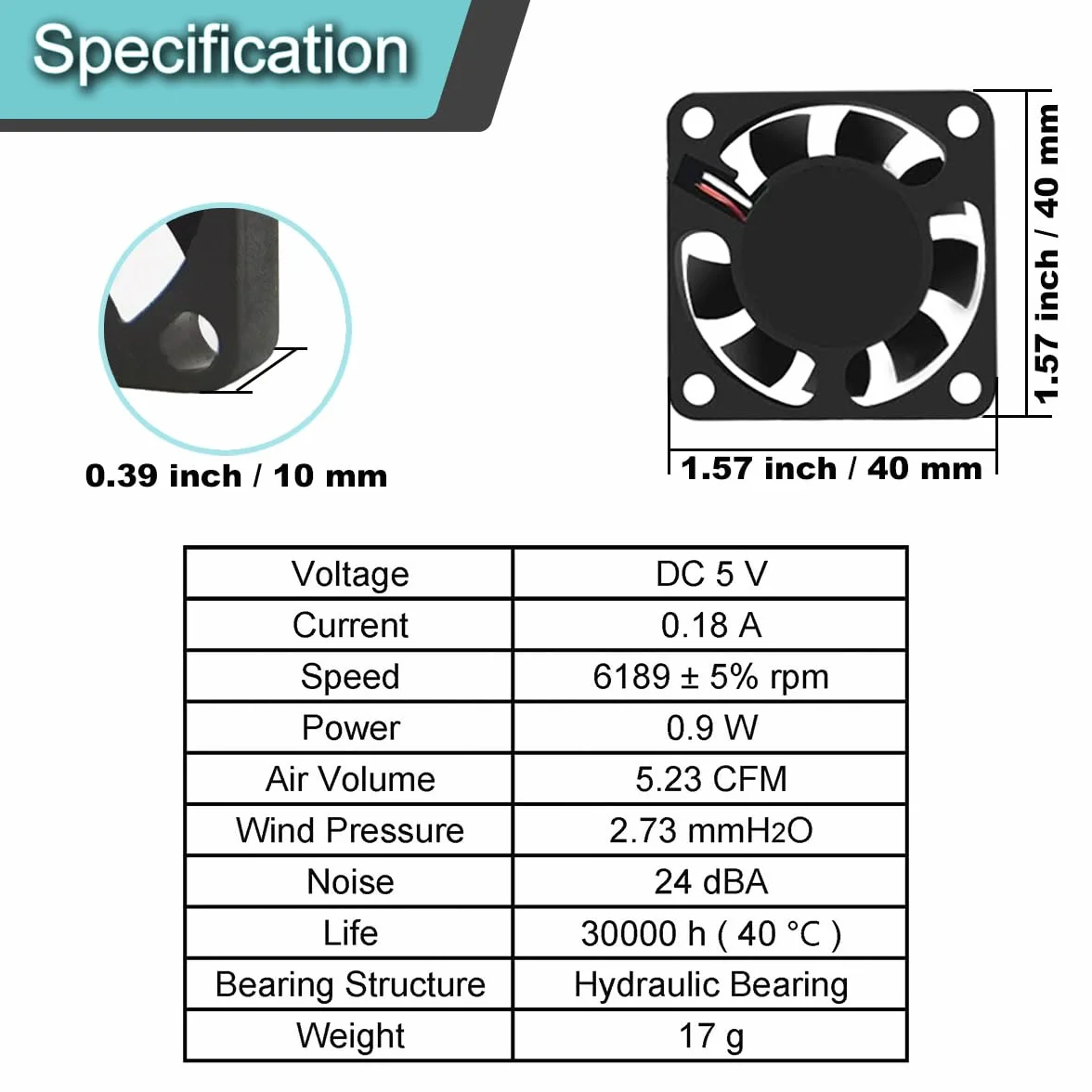 4 szt. 40 mm × 10 mm 4010 USB Bezszczotkowy wentylator chłodzący DC 5V 6200 obr./min z akcesoriami, do majsterkowania/testowania/drukarki 3D / obudowy PC/DVR/CPU/małych urządzeń gospodarstwa