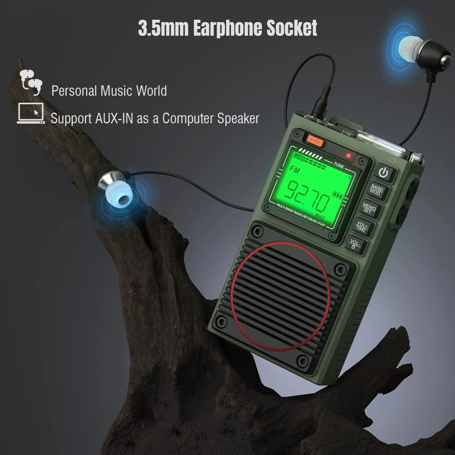 Raddy RF75A Radio krótkofalowe z kontrolą aplikacji, przenośne AM/FM/VHF/SW/WB z funkcją pogody, ładowalne, z anteną drucianą (Army Green)
