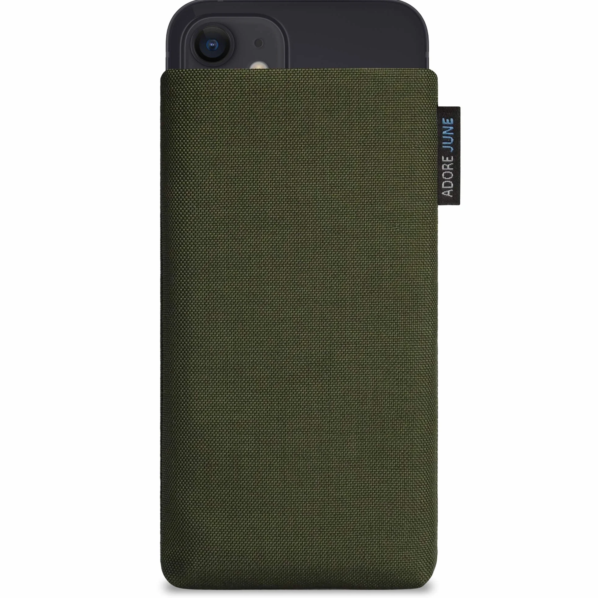 Adore June Klasyczne oliwkowo-zielone etui kompatybilne z iPhone 13 Mini/iPhone 12 Mini, etui na telefon komórkowy z wytrzymałego materiału Cordura z efektem czyszczenia wyświetlacza, wyprodukowano w Europie
