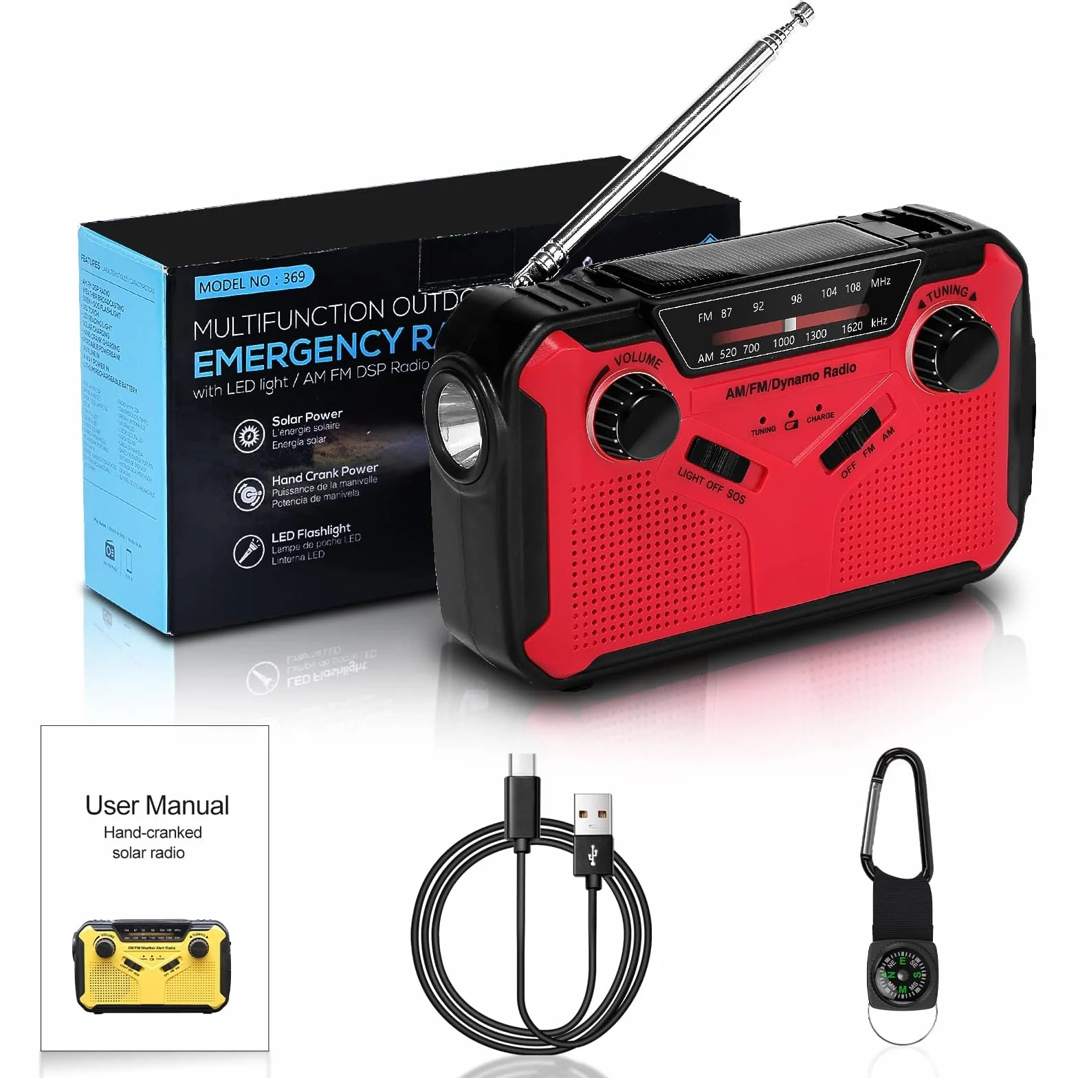 Przenośne Radio Słoneczne 2500mAh AM FM Korbka Latarka LED Alarm SOS USB