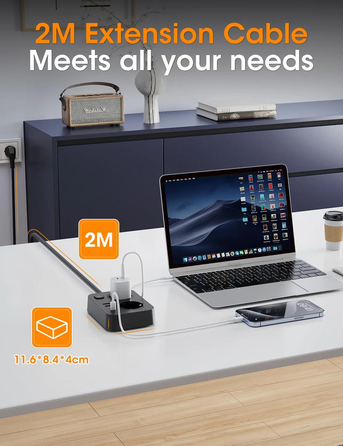 Listwa Przedłużaczowa 6-w-1 z USB-C Ładowaniem Gniazda z Wyłącznikiem i 4 Porty USB, Przewód 2m, Do Domu