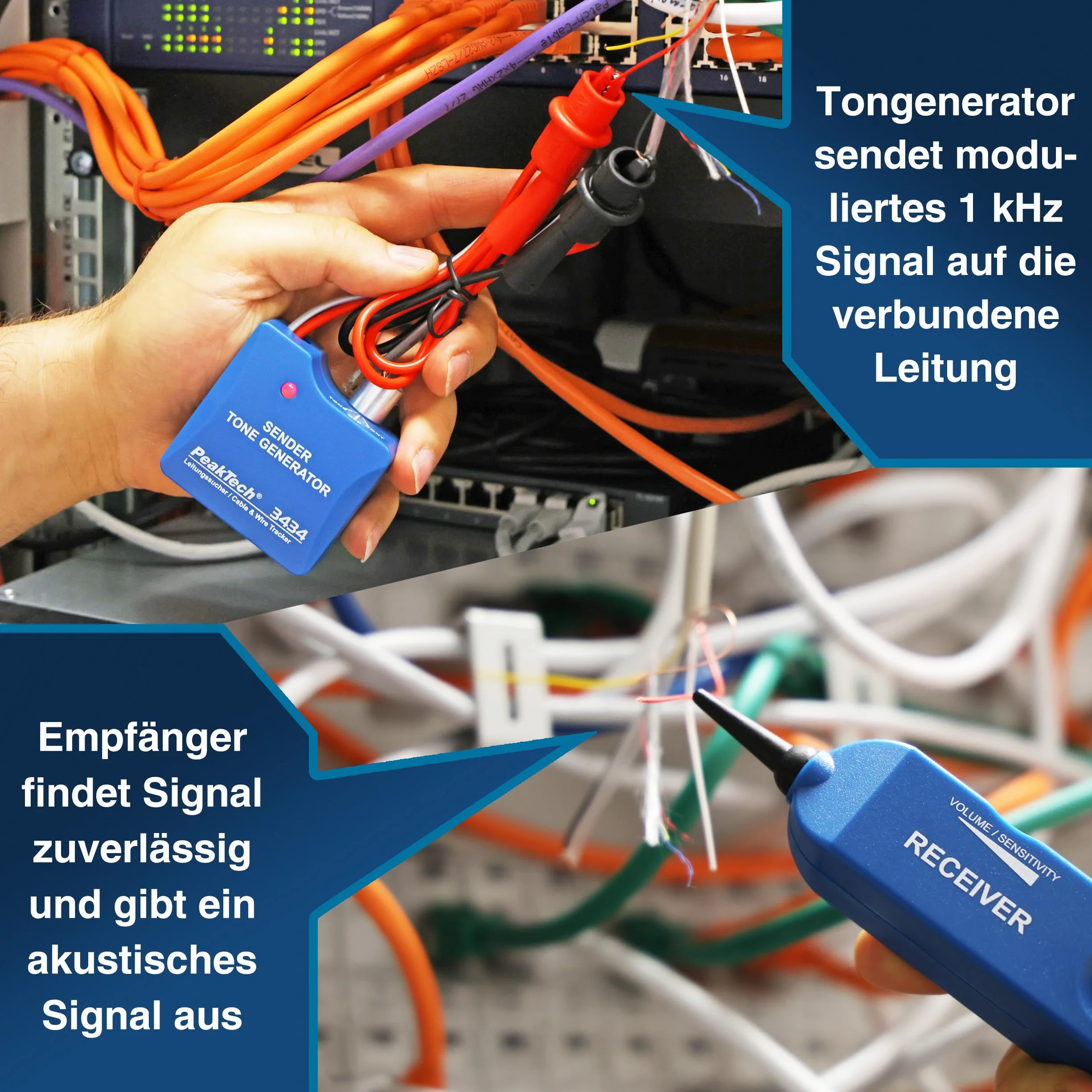 PeakTech 3434 – wykrywacz przewodów i kabli telefonicznych z próbnikiem ciągłości i sygnałem dźwiękowym, zaciskami krokodylkowymi, telefonami, sieciami RJ11, LAN