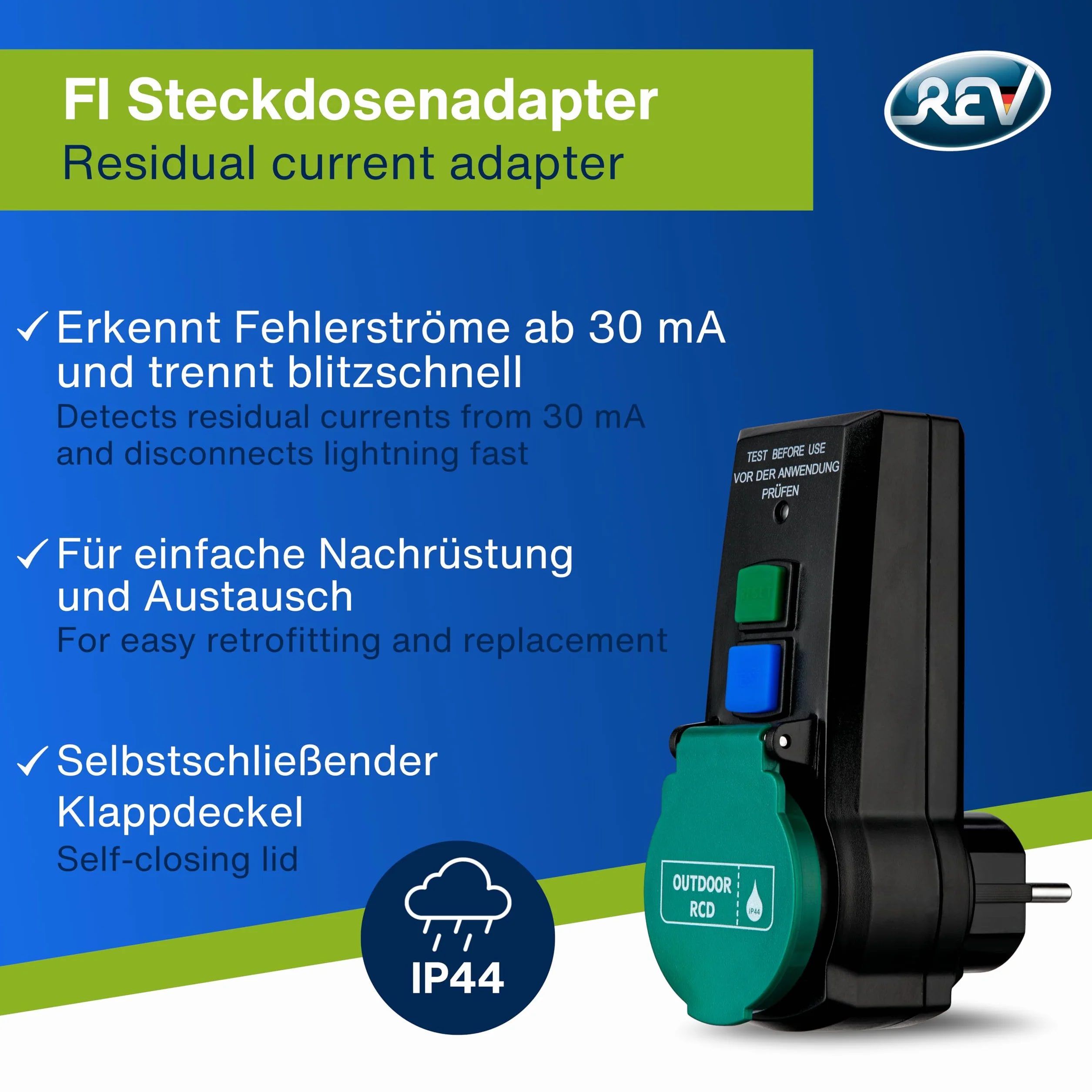 REV Gniazdo DI, wyłącznik automatyczny, adapter gniazdka, IP44, czas wyzwalania 30 ms, 3600 W, czarny